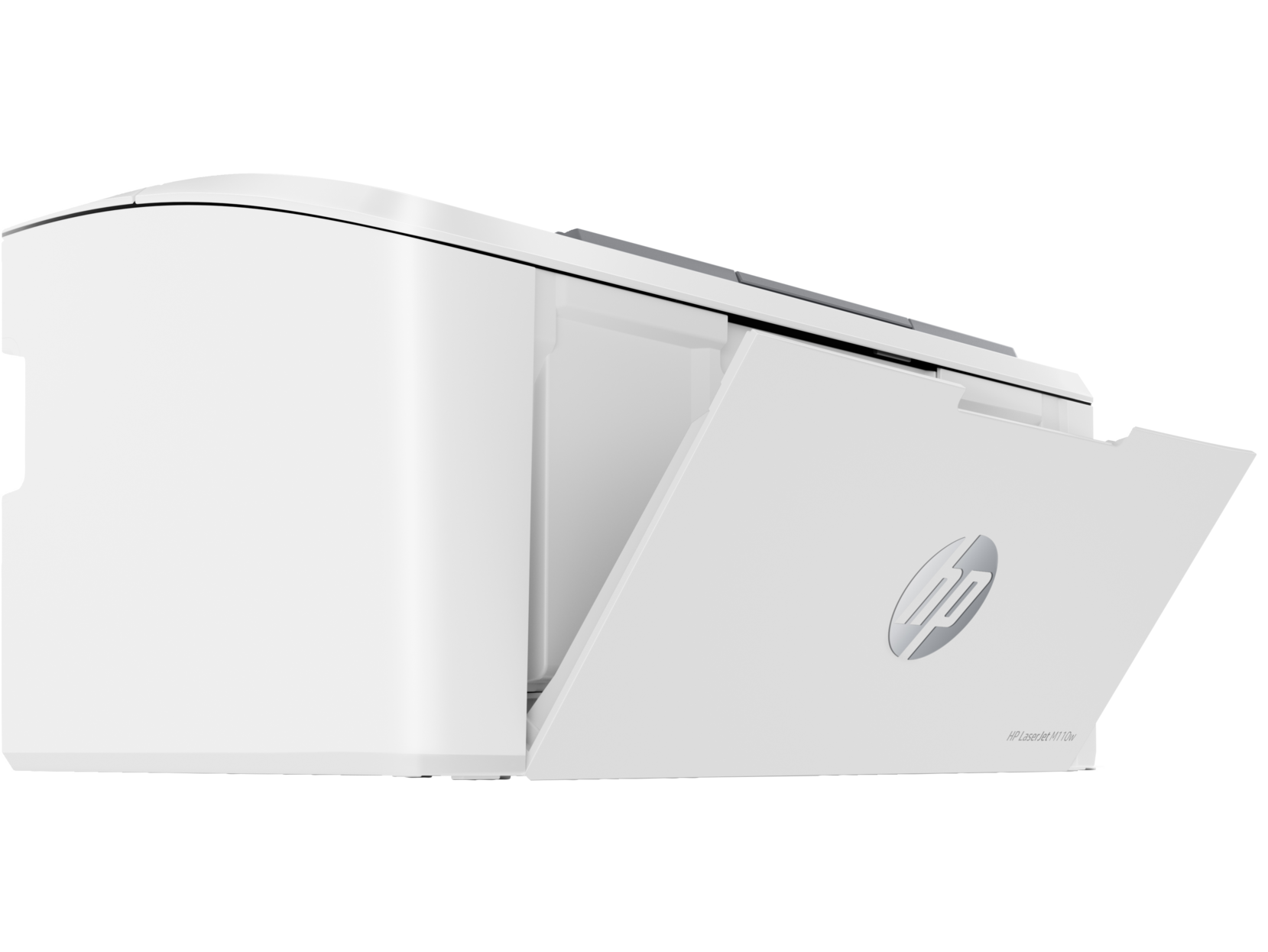 Impresora HP LaserJet blanca con la bandeja de papel abierta, sobre un fondo blanco.