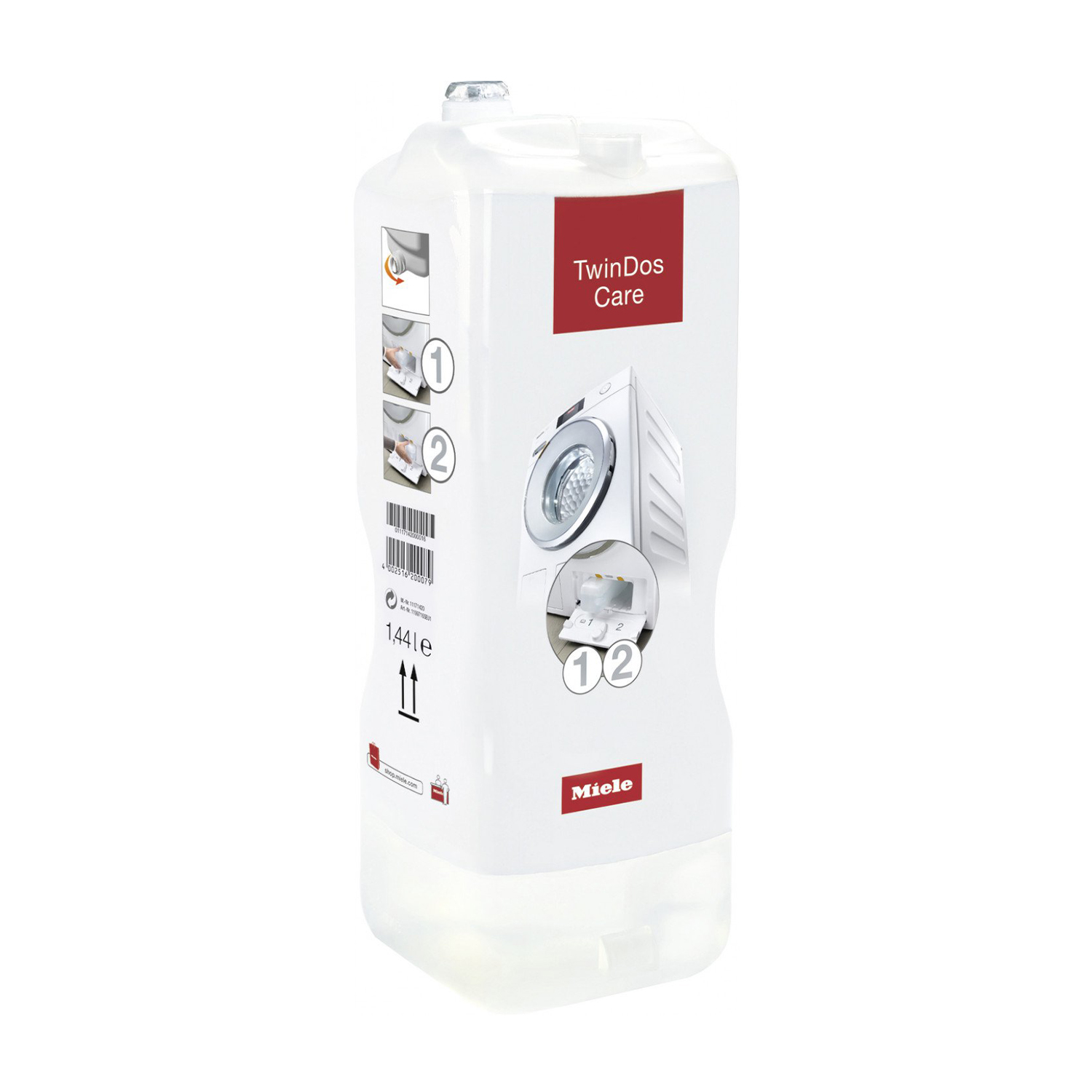 Flacone bianco di detersivo TwinDos Care con un grafico di lavatrice.