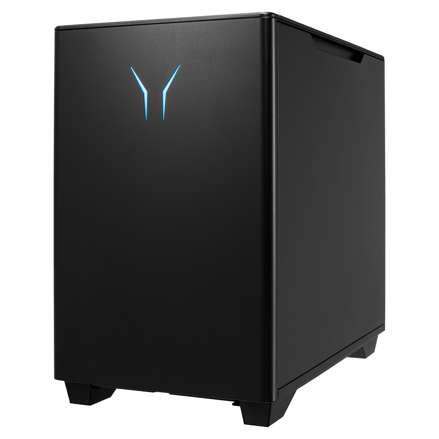 Zwarte computerkast met blauw verlicht logo. Studio-opname.
