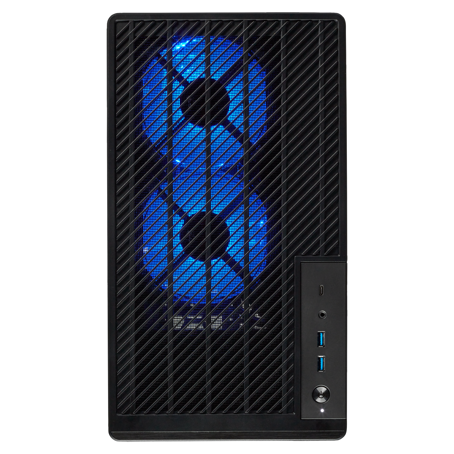 Zwarte computertoren met verlichte blauwe ventilatoren en poorten aan de voorzijde.