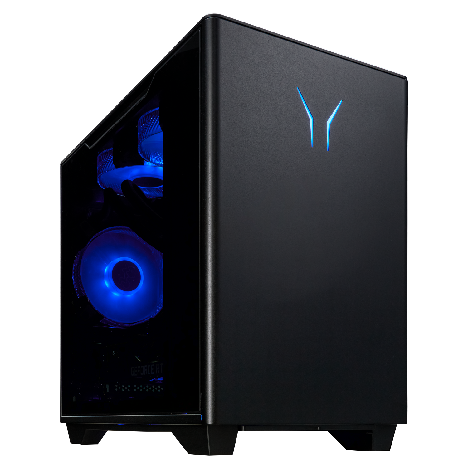 Zwarte pc-toren met blauwe ledverlichting, zichtbare ventilatoren en logo.