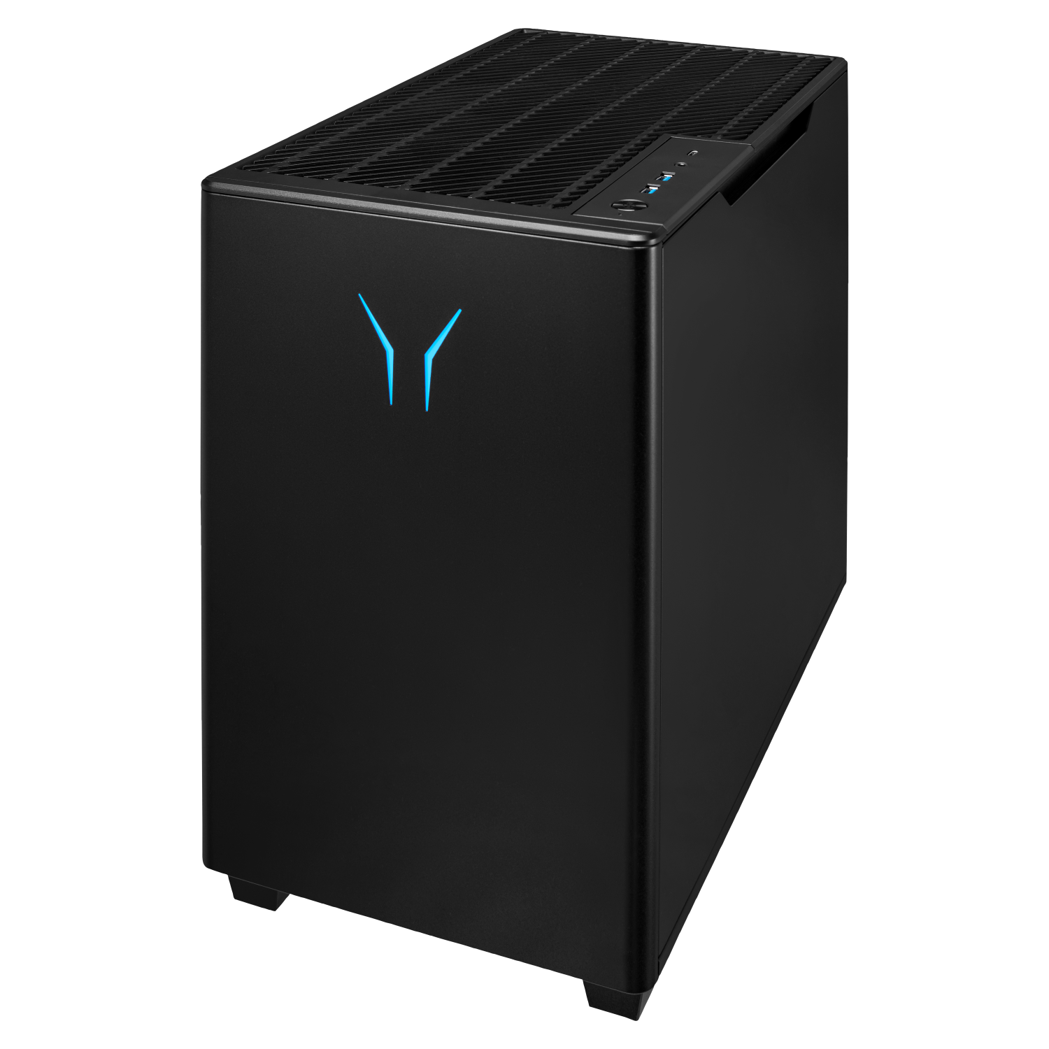 Een zwarte computerkast met een blauw logo en ventilatieopeningen.