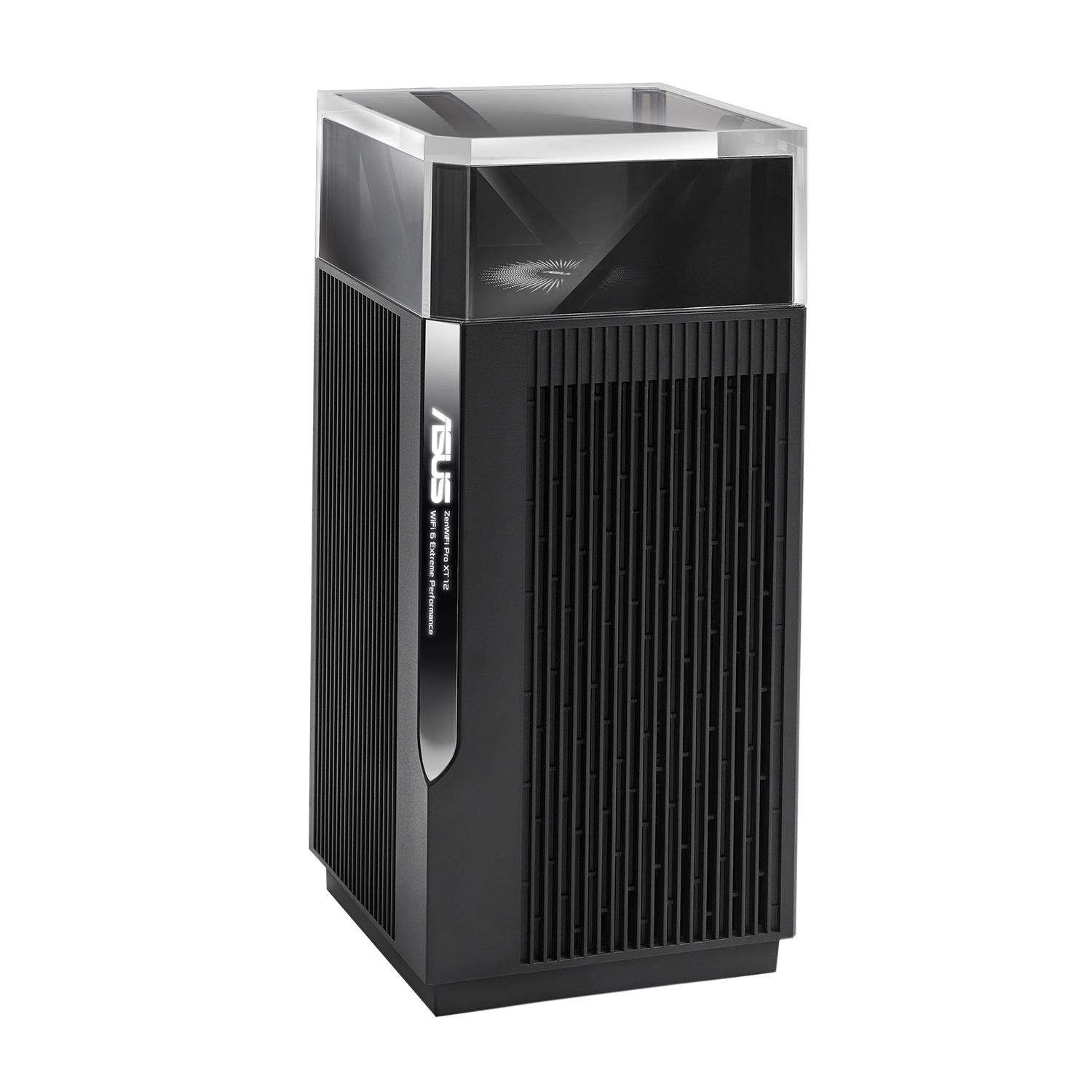 Server tower ASUS nero con parte superiore trasparente. Linee verticali coprono la parte anteriore della torre.