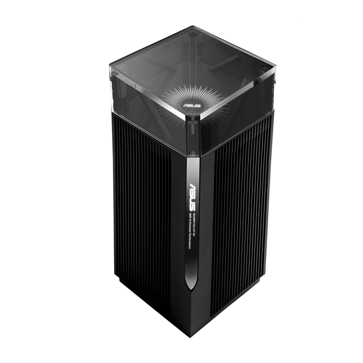 Un router ASUS nero con parte superiore trasparente, isolato su sfondo bianco.