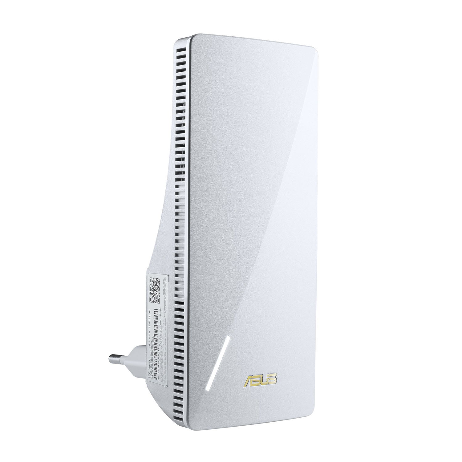Un extender WiFi ASUS bianco con spina e frontale angolato.