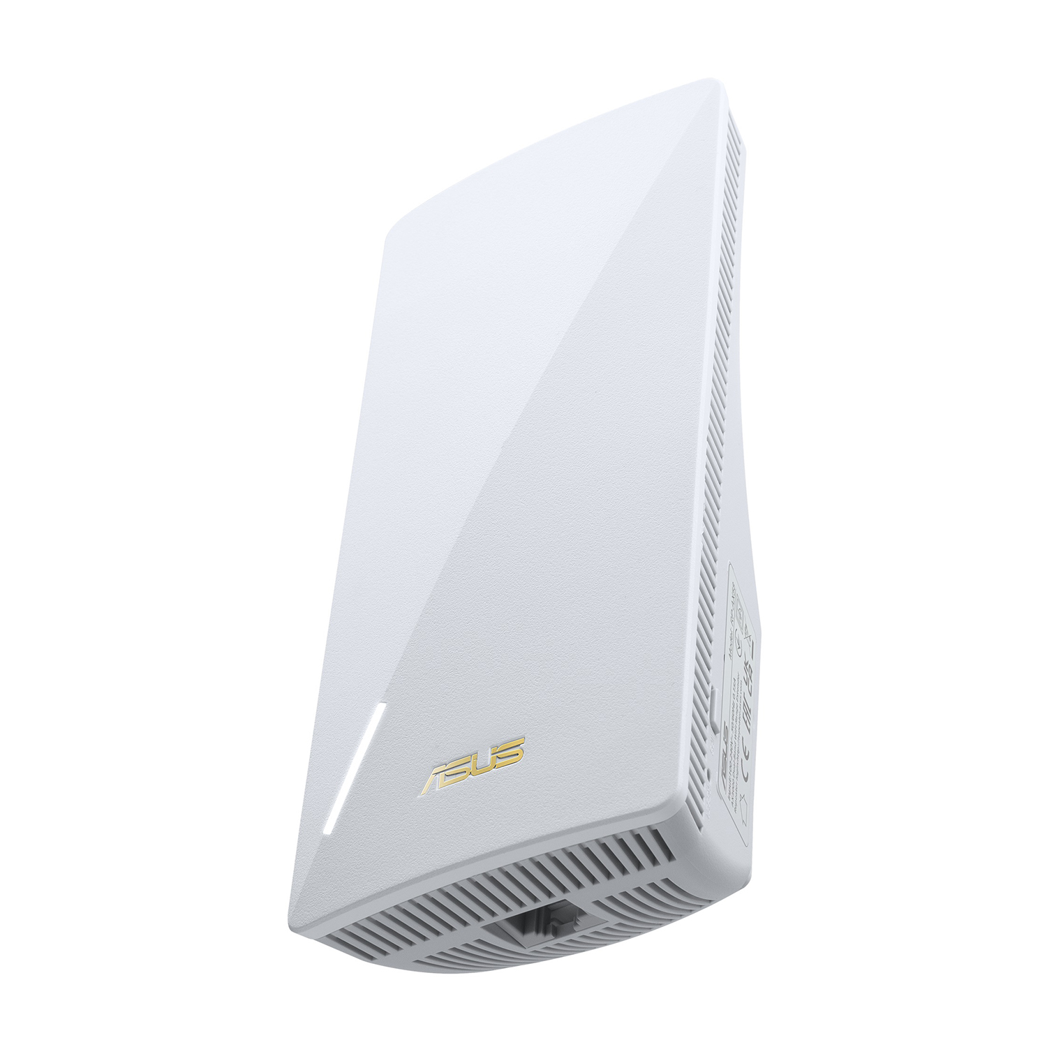 Un router ASUS bianco e angolato con un logo ASUS dorato, che mostra un design minimalista.