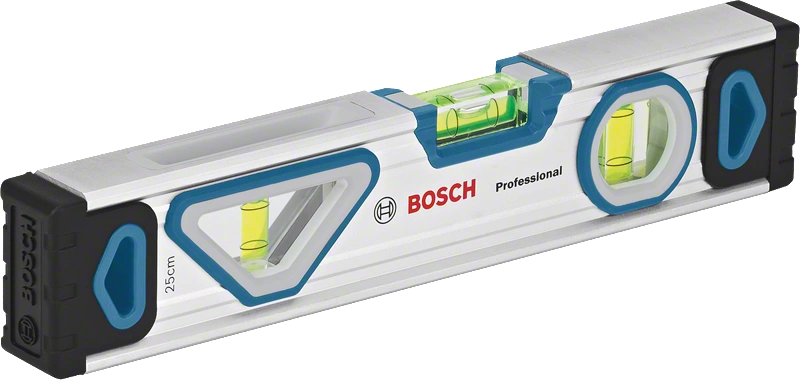 Ezüst és kék vízmérték Bosch logóval.