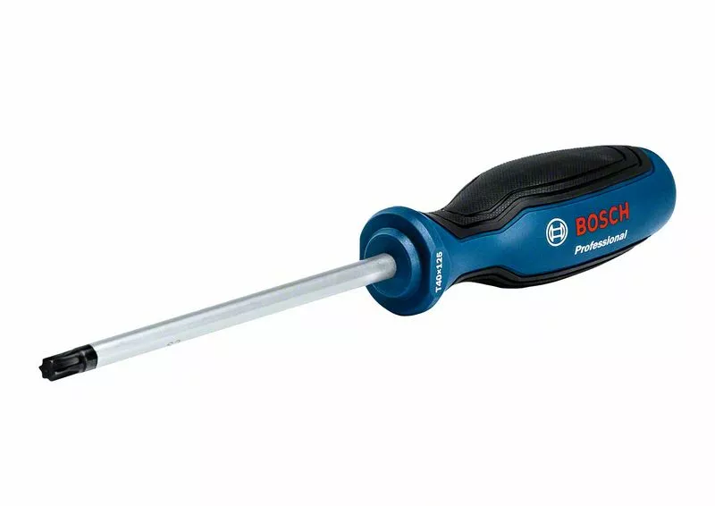 Kék-fekete Bosch csavarhúzó T40x125 felirattal, fehér háttér előtt.