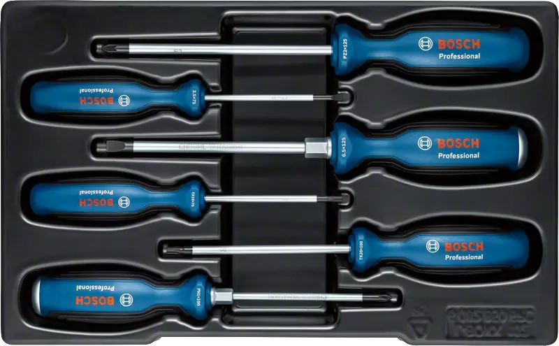 Bosch Professional csavarhúzókészlet fekete tokban. A csavarhúzók kék és fekete színűek, ezüst hegyekkel.