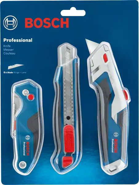 Három pengés kés csomagja, Bosch Professional márkával, kék háttéren.