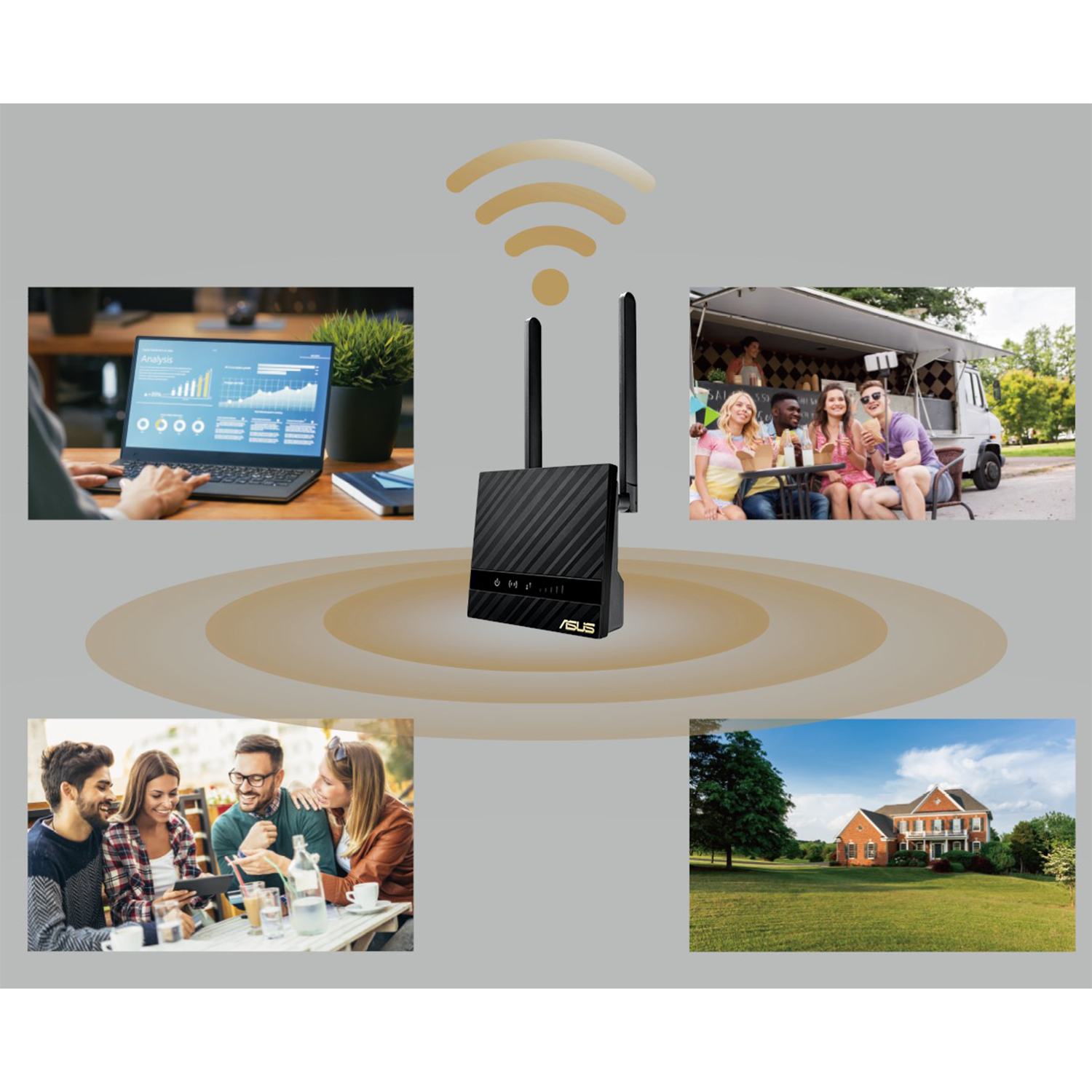 Un router con antenne, circondato da immagini di persone che usano dispositivi e una casa.