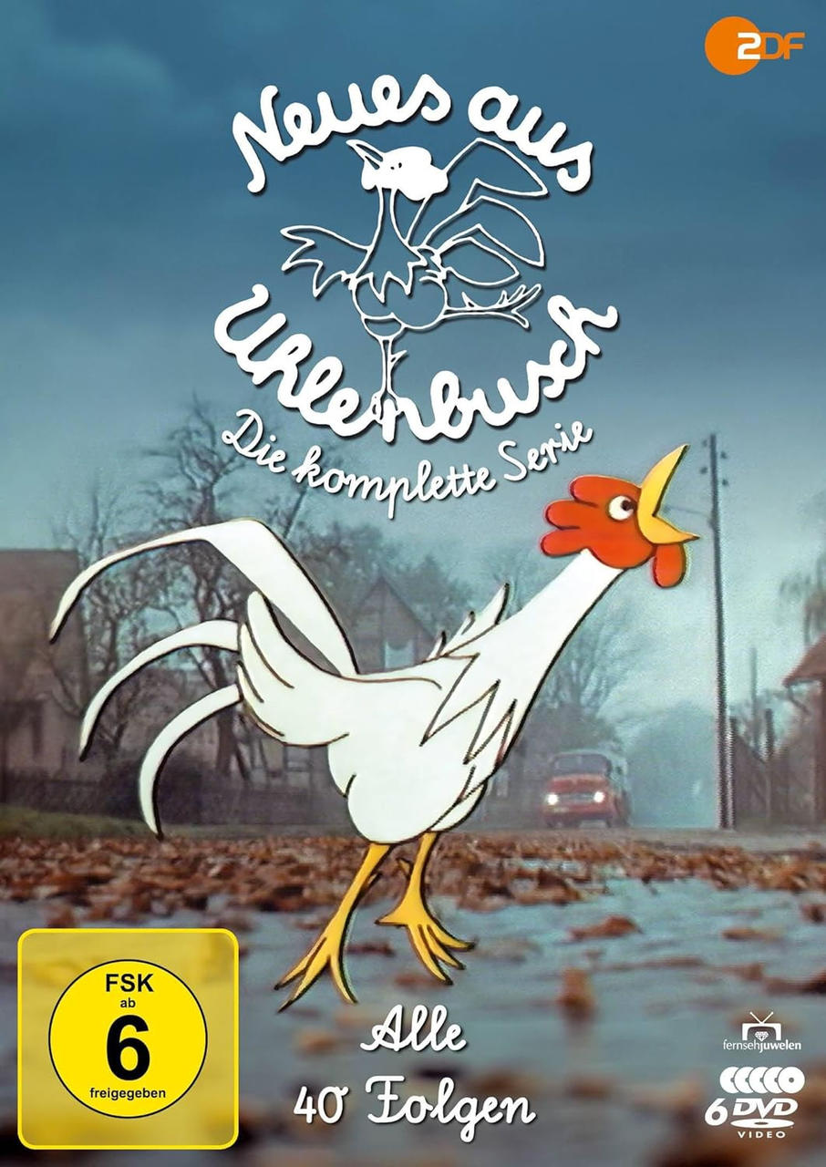 DVD-Cover eines Cartoon-Hahns, Titel auf Deutsch: Neues aus Uhlenbusch.