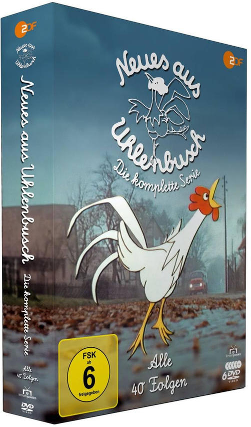 DVD-Box-Set mit Cartoon-Hahn-Illustration und deutschem Text: 'Neues aus Uhlenbusch'.