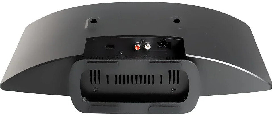 Czarny soundbar, widok z tyłu. Zawiera wejścia i połączenia zasilania.