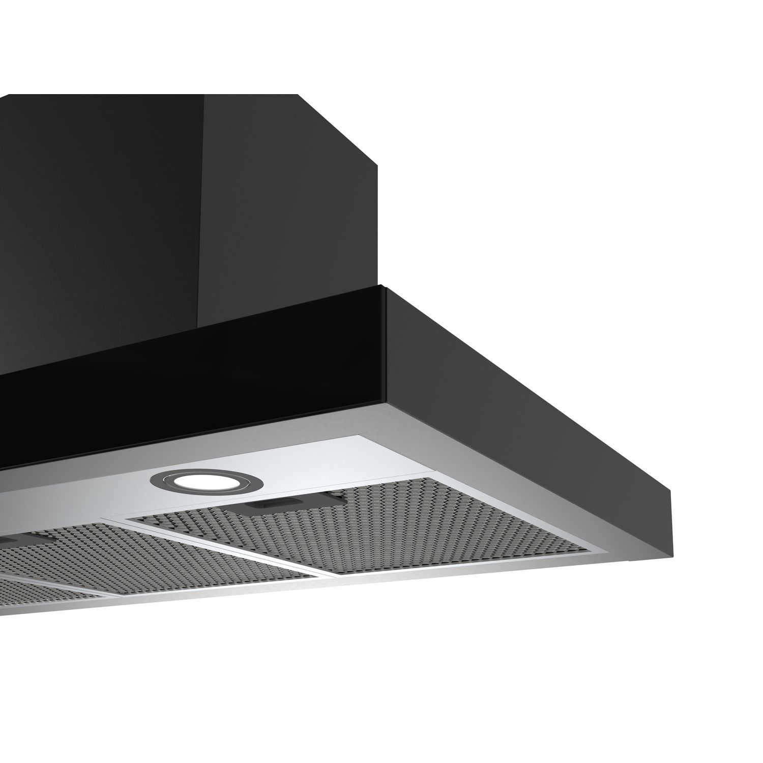 Afzuigkap, zwart ontwerp. Het onderste deel is een metalen gaas. Er zit een lamp in het midden.