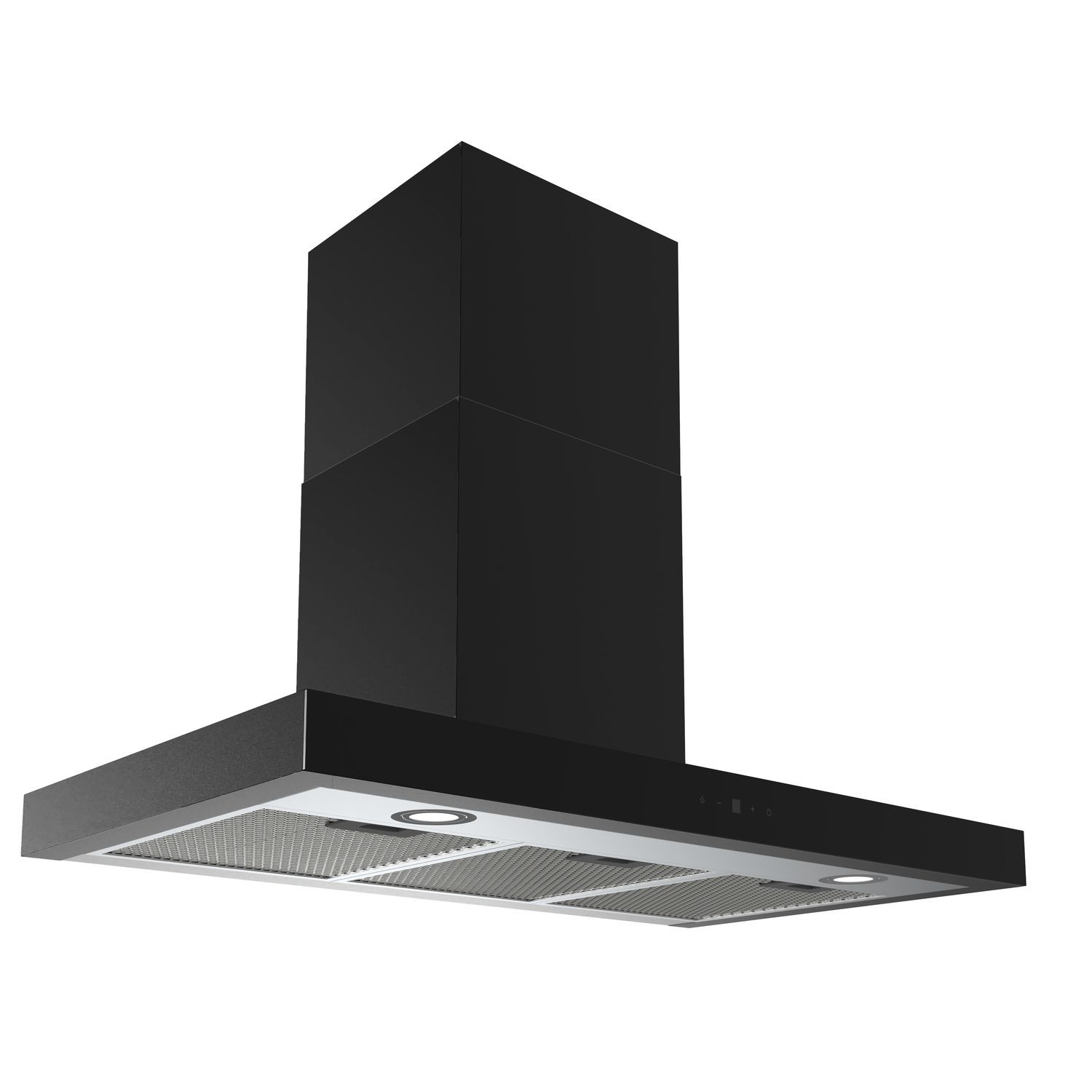 Zwarte afzuigkap met een rechthoekige vorm en een geïntegreerde lamp.
