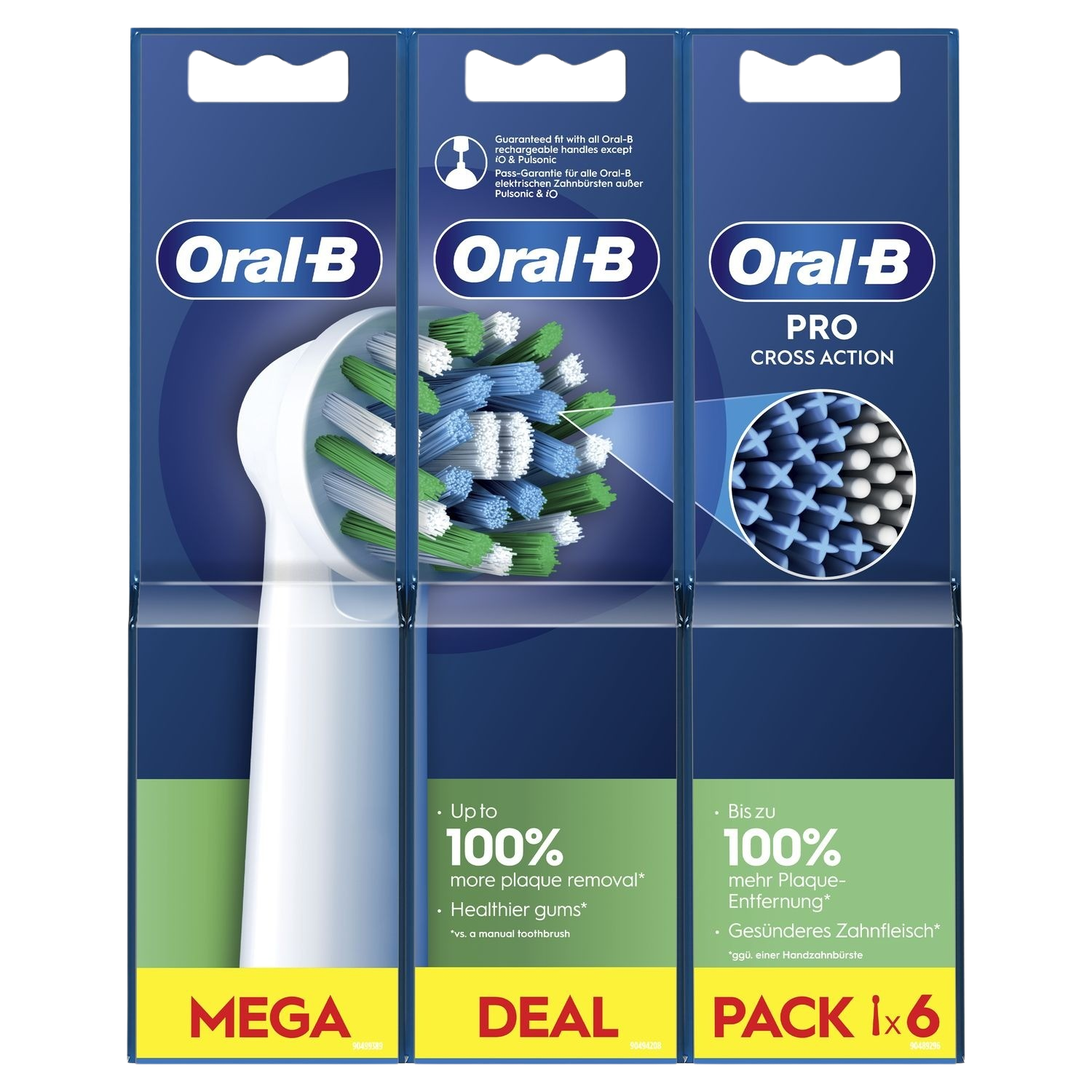 Trois têtes de brosse à dents Oral-B dans un emballage. L'emballage est blanc et bleu.