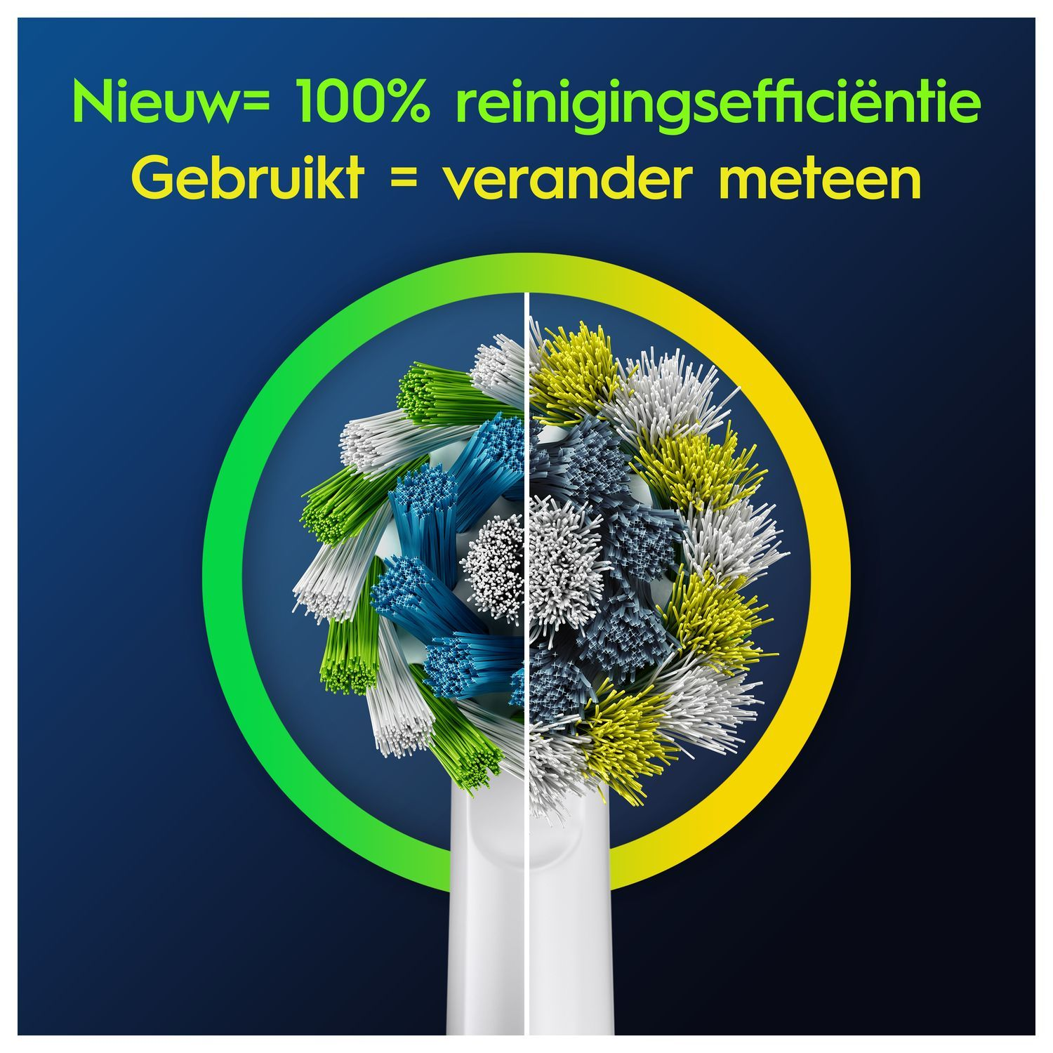 Close-up van een tandenborstelkop. De helft is nieuw, de andere helft is gebruikt.
