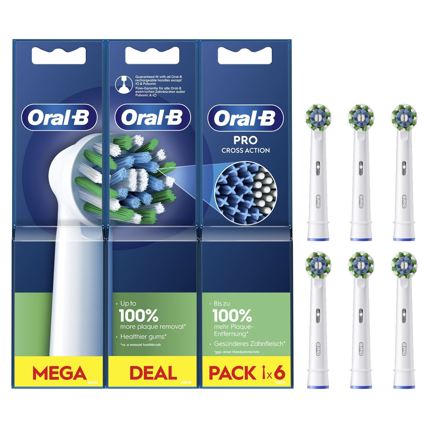 Têtes de brosse à dents Oral-B en paquets, avec détails du produit. Six têtes à droite.