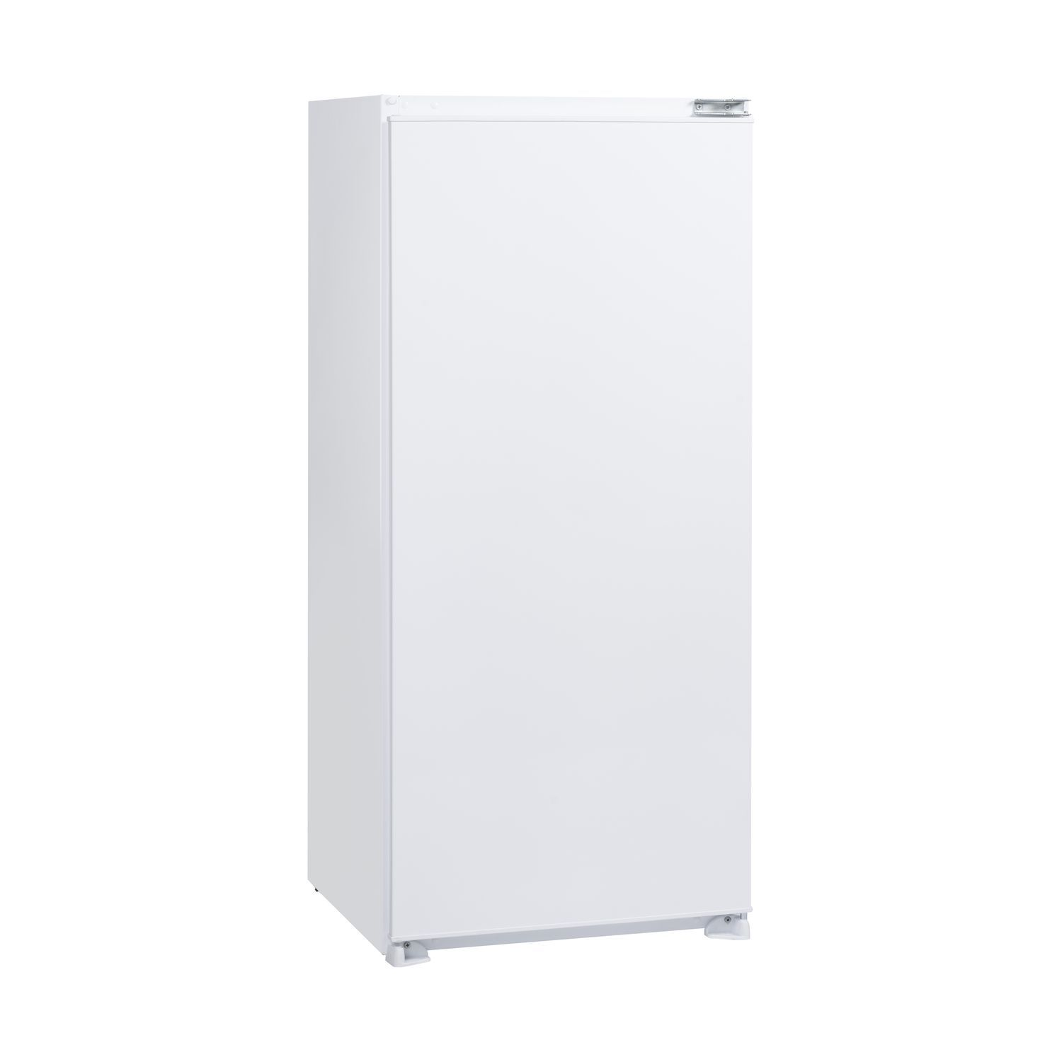 Un réfrigérateur blanc. Design simple, avec une longue porte et une poignée en haut.