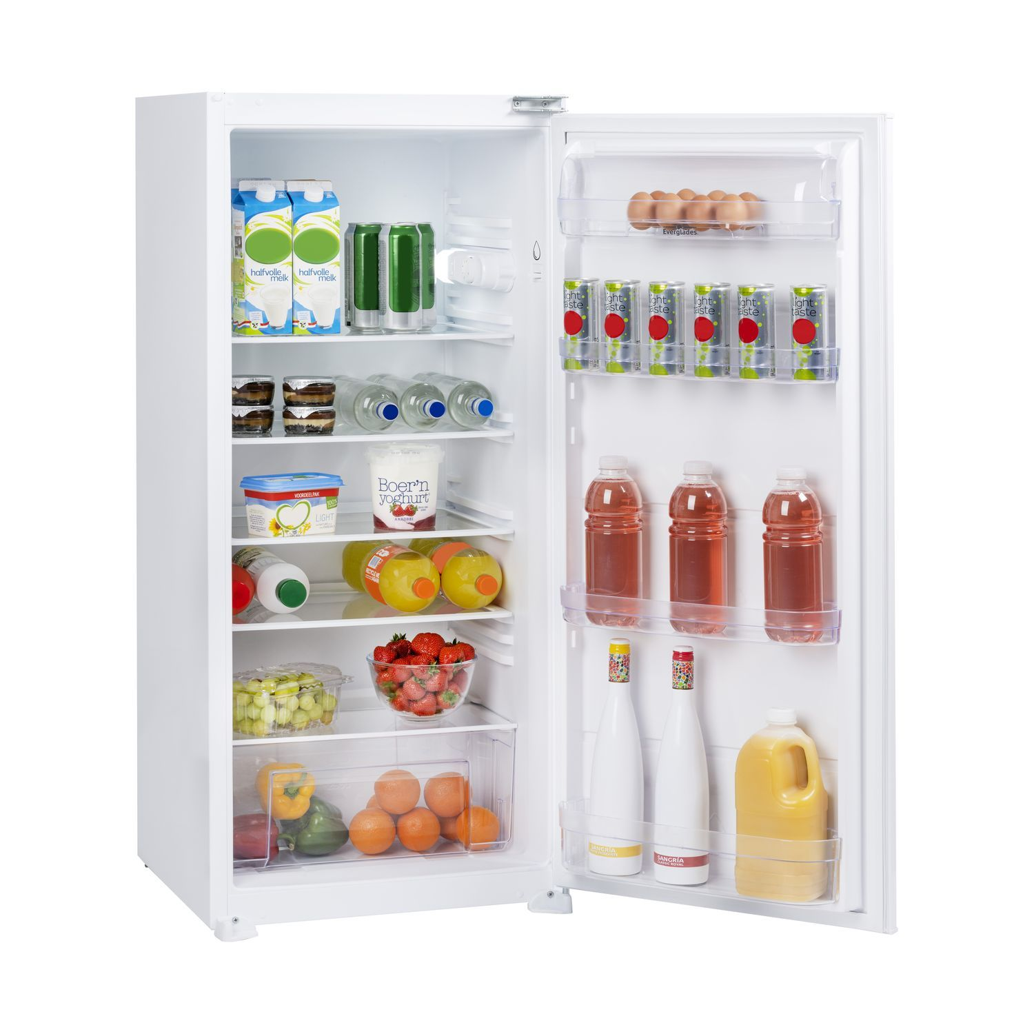 Réfrigérateur ouvert avec aliments et boissons.
