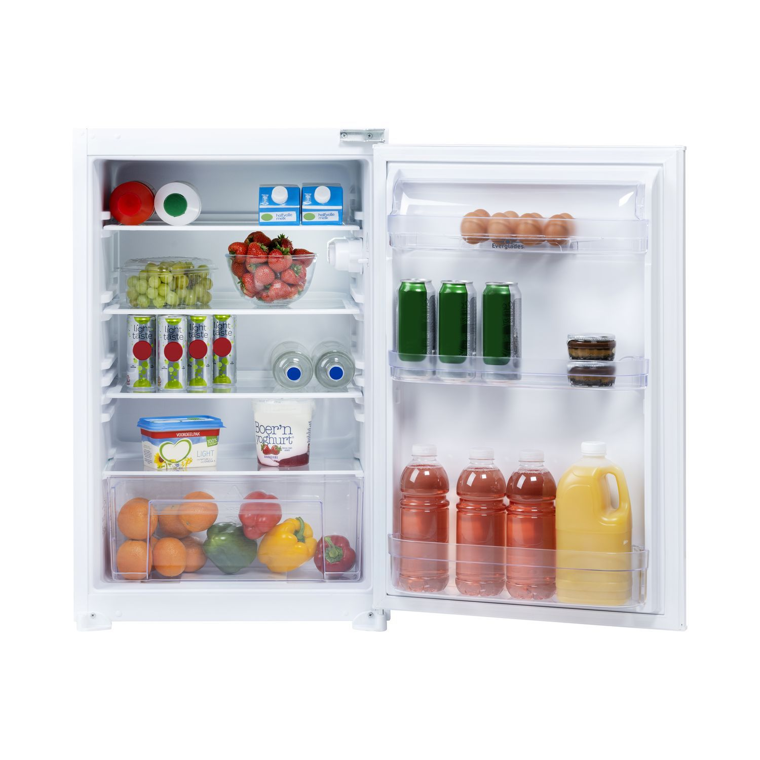Un réfrigérateur blanc ouvert avec divers aliments à l'intérieur.