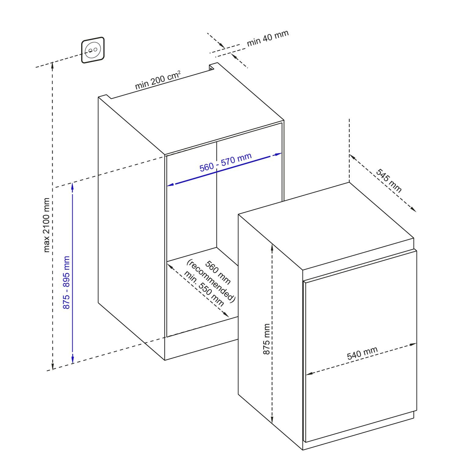 Dessin technique d'un meuble de cuisine avec dimensions en mm, montrant un appareil encastré.