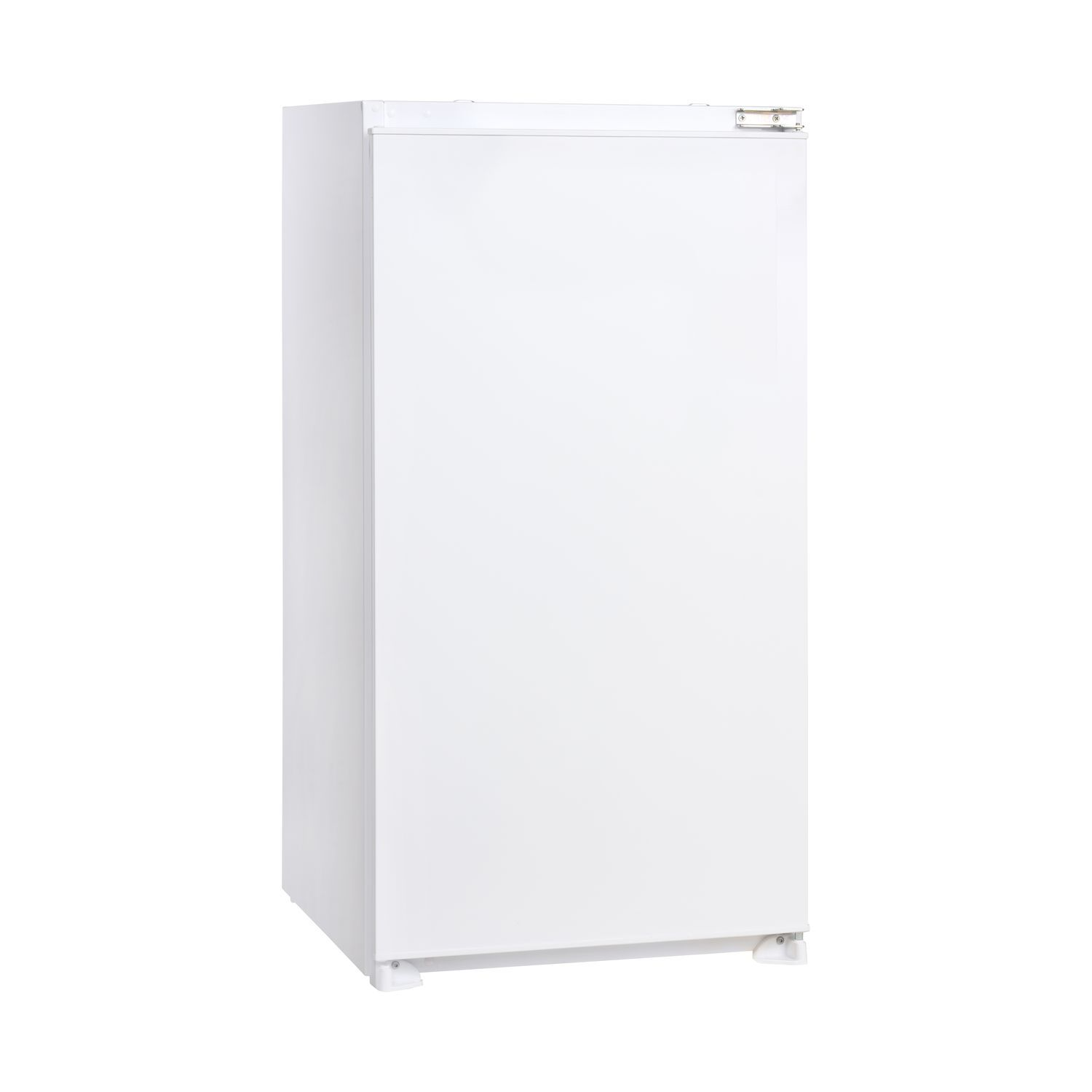 Réfrigérateur blanc et rectangulaire avec porte fermée. C'est un modèle haut et droit.
