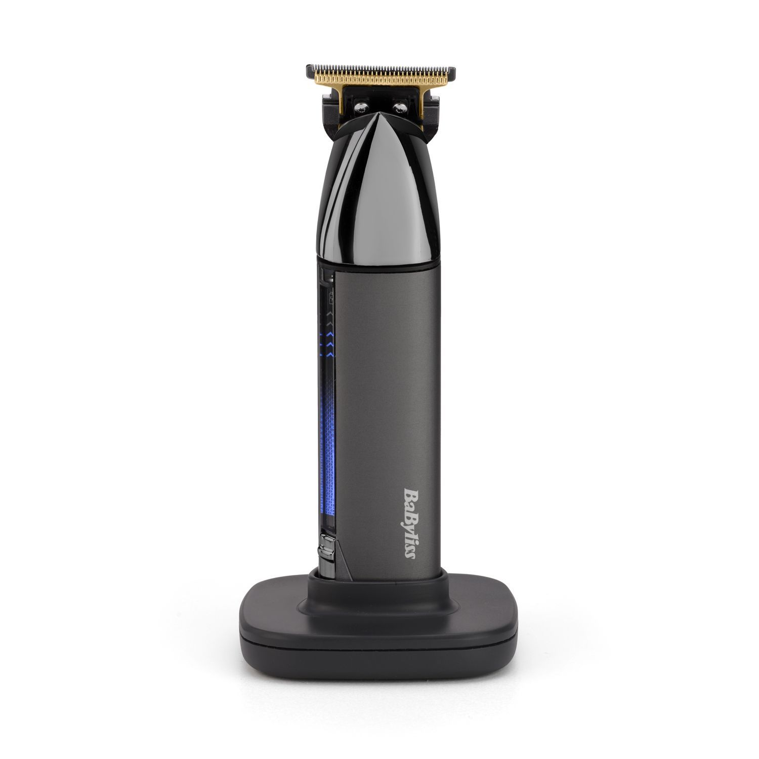 Black hair trimmer on a stand.