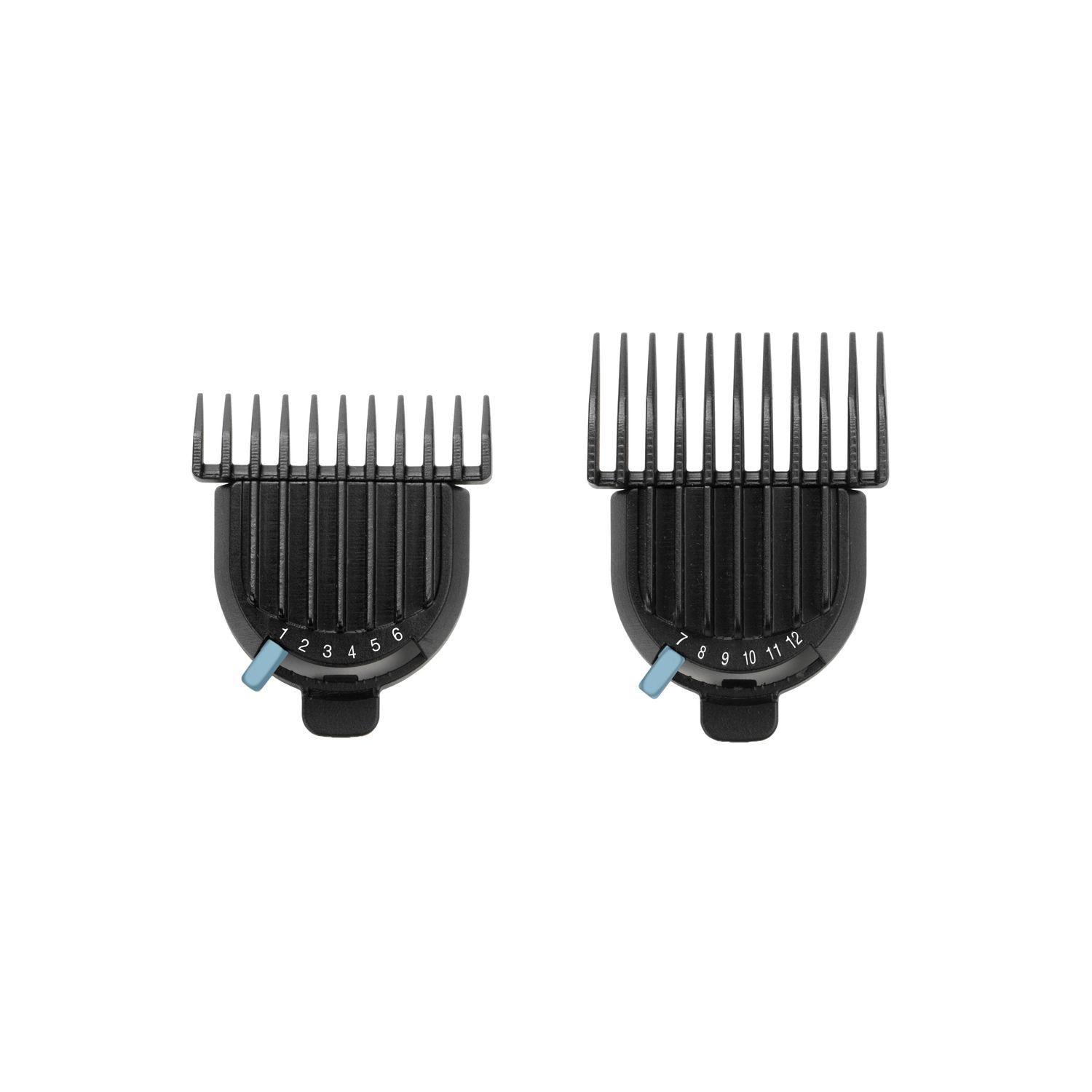Two black hair clipper guards with numbered settings. One has settings 1-6, the other 7-12.