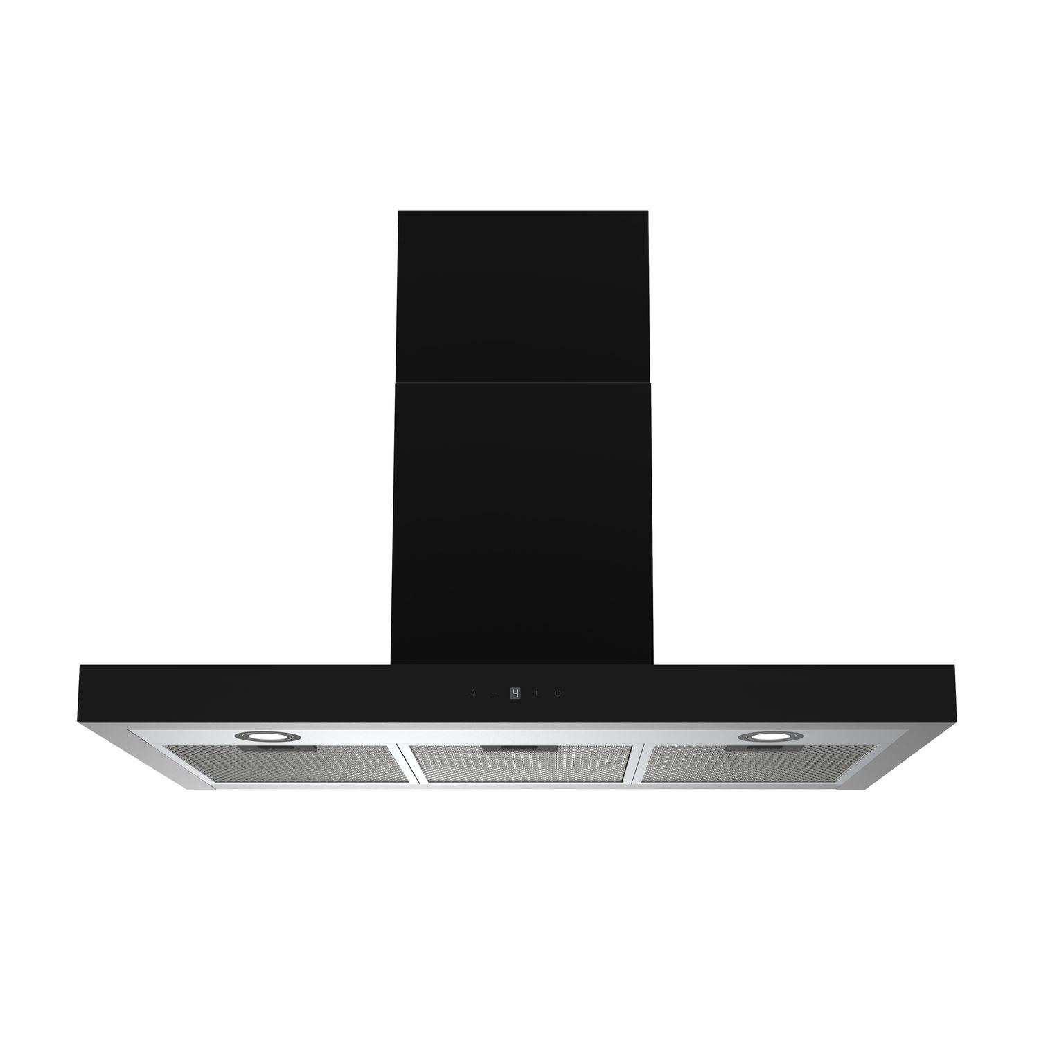 Een zwarte afzuigkap met een roestvrijstalen rand. Het heeft drie lampen en een strak design.