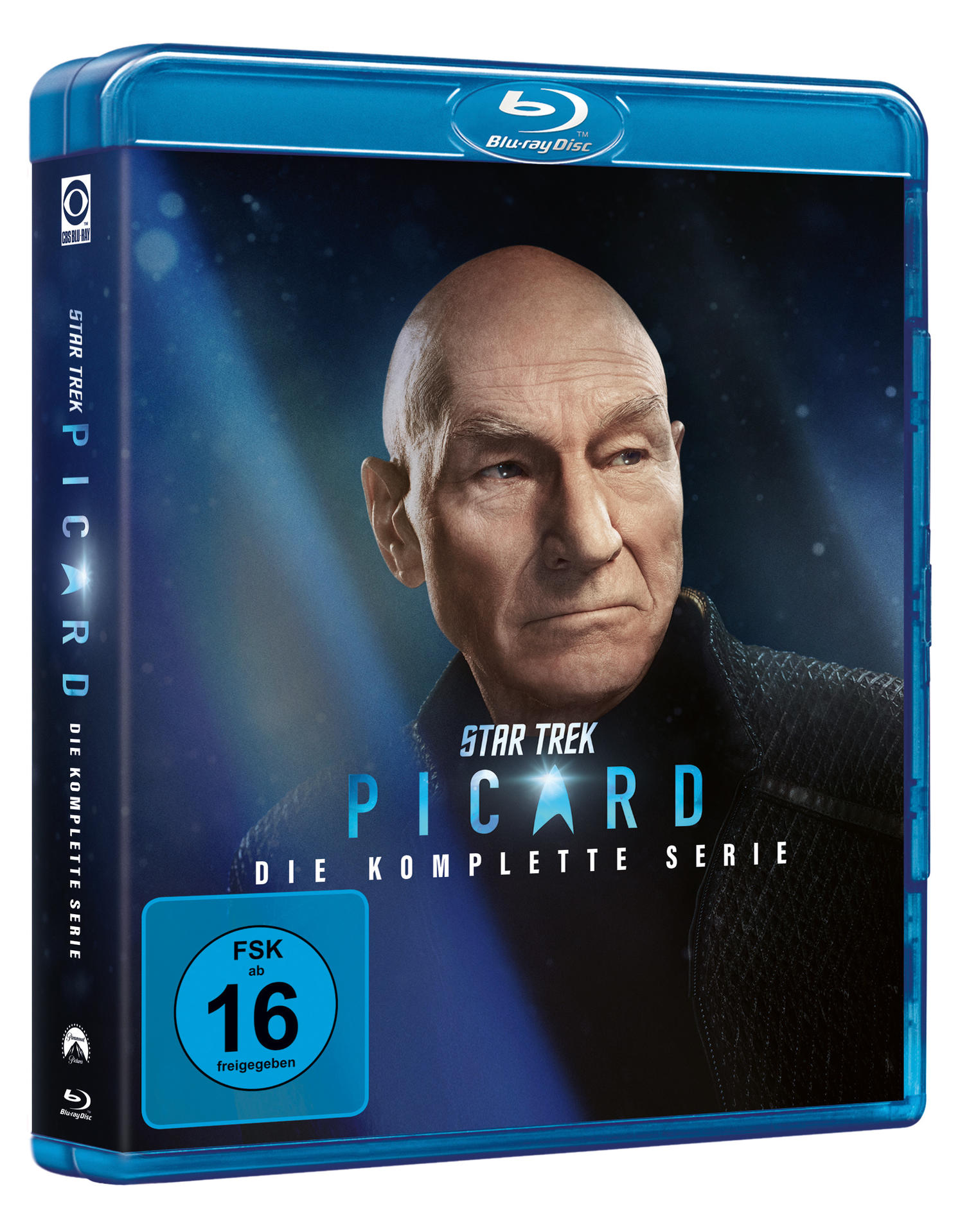 Blu-ray-Box-Set mit Patrick Stewarts Gesicht auf dem Cover. Der Titel lautet Star Trek Picard.
