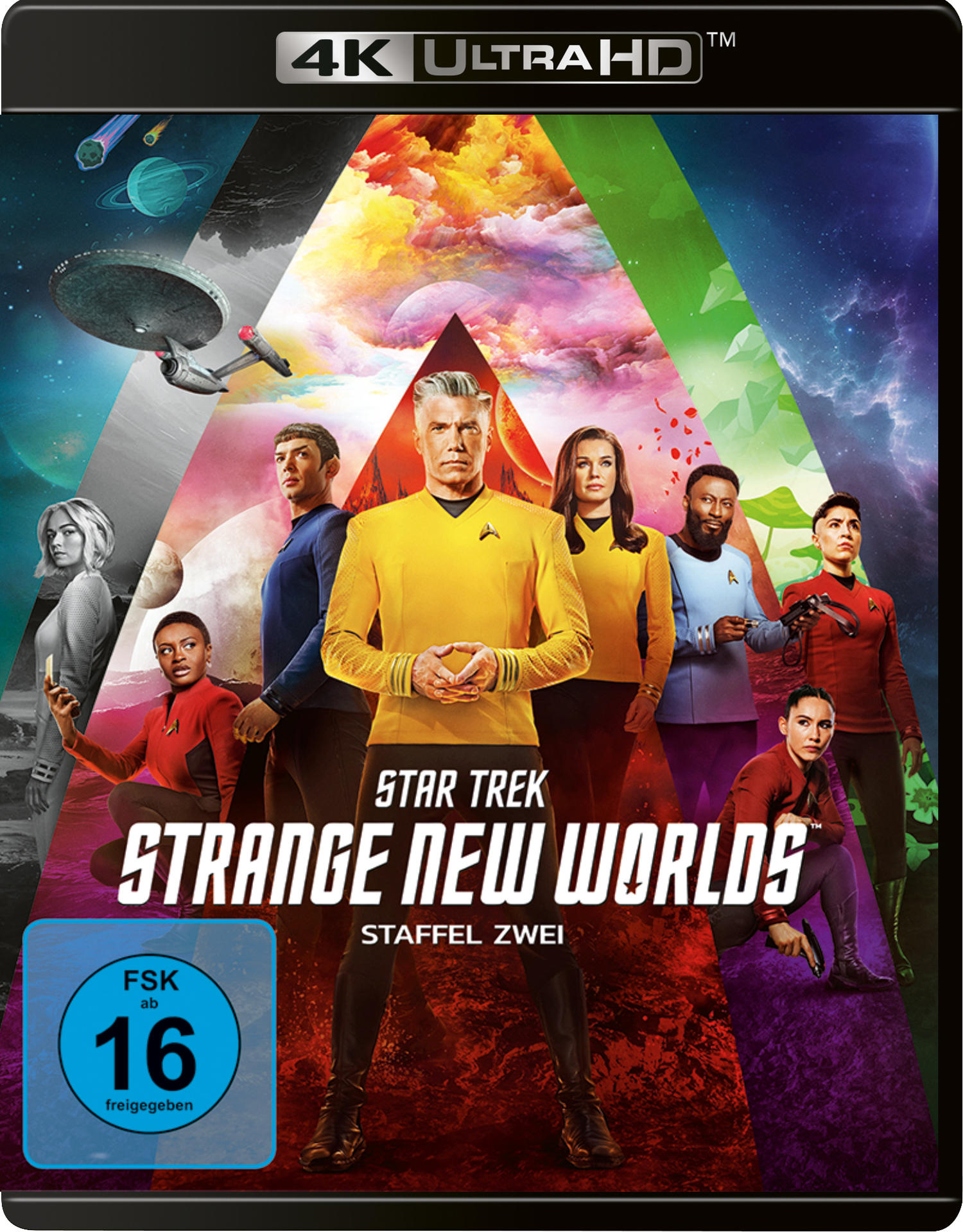 Star Trek: Strange New Worlds Blu-ray Cover. Darsteller stehen vor farbenfrohem Hintergrund, Titel und Logo sind sichtbar.