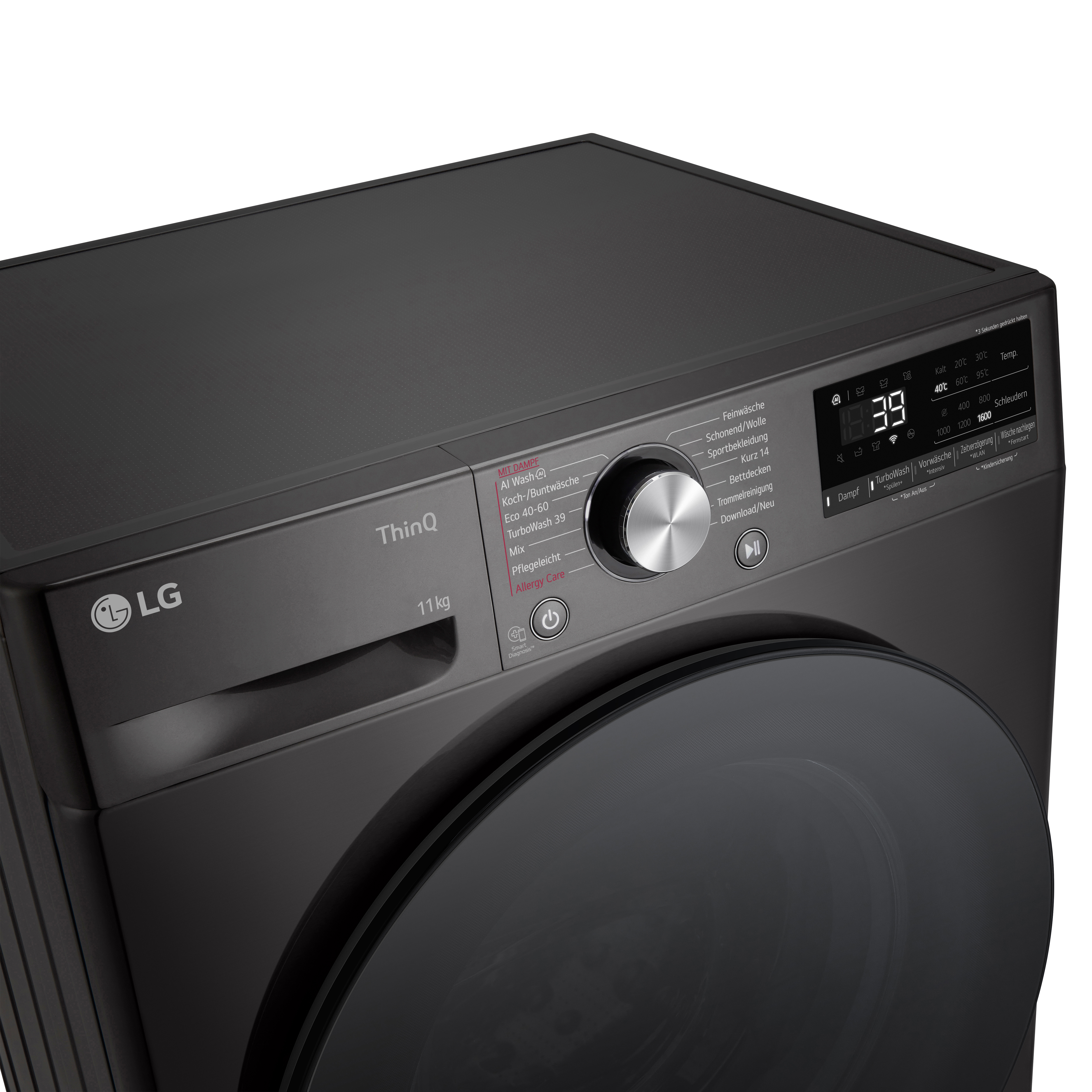 Schwarze LG Waschmaschine mit Digitalanzeige und Bedienfeld. Nahaufnahme.