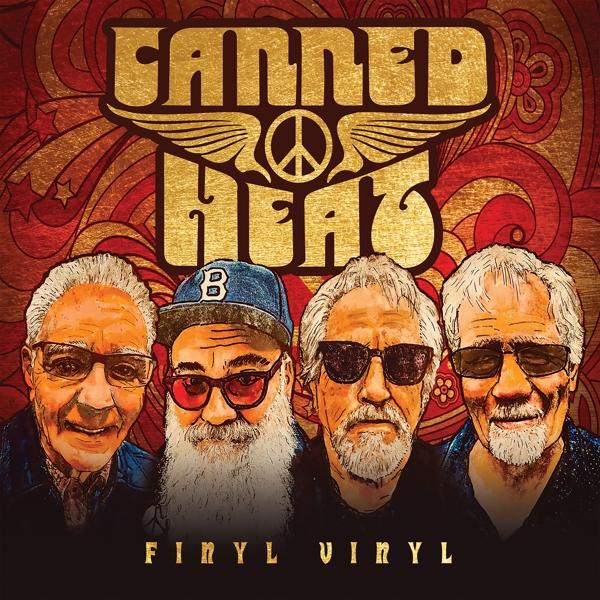 Albumcover: vier Männer mit Sonnenbrillen, die Band Canned Heat. Goldener Text oben, Friedenszeichen. Albumtitel: Firyl Vinyl.