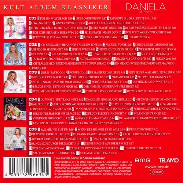Albumcover mit Daniela, Text und Songtiteln auf rotem Hintergrund.