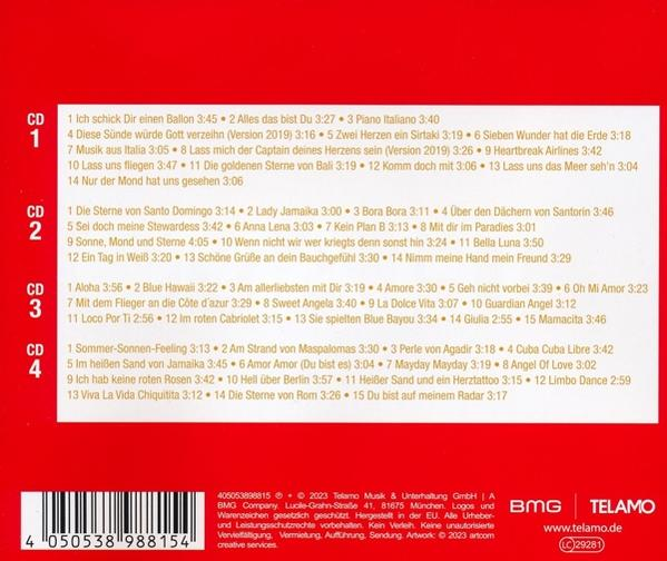 Text, der die Songs auf vier CDs auflistet, mit dem Label und Logo einer Musikfirma.