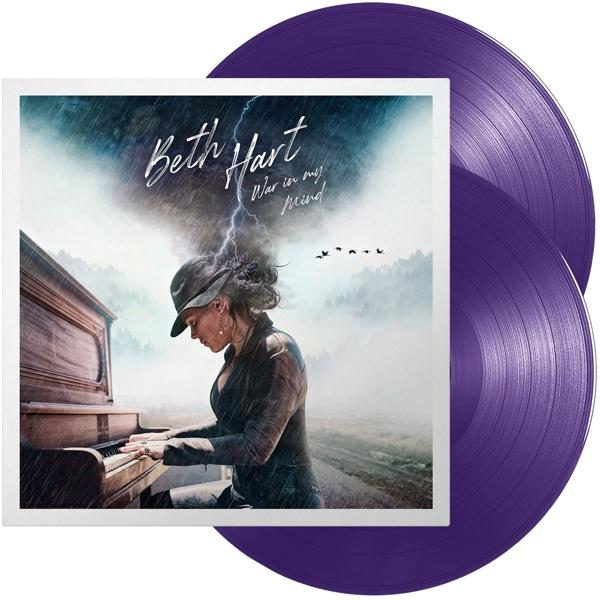 Albumcover für Beth Harts 'War in My Mind'. Mit einer Frau am Klavier und lila Vinyls.