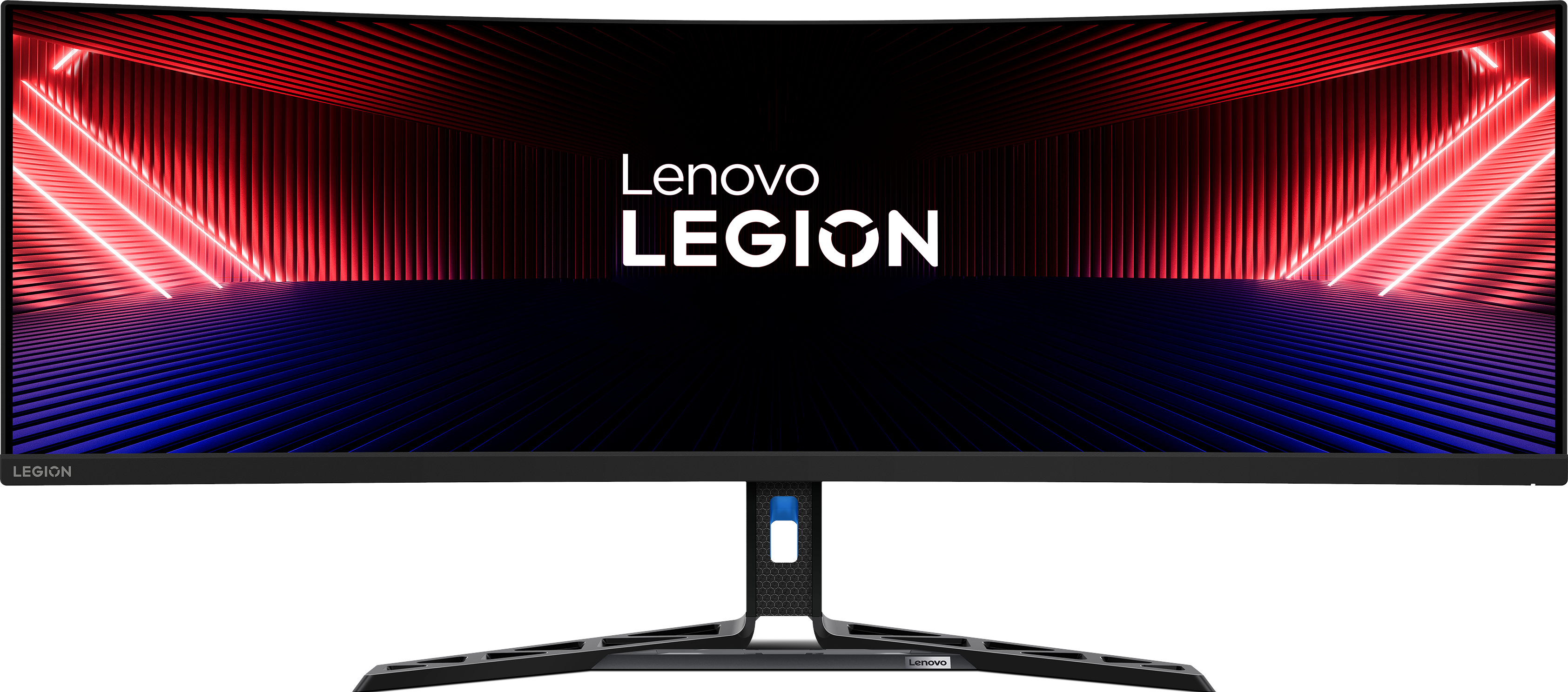 Moniteur incurvé Lenovo Legion. Cadre noir, lumières rouges et bleues, logo Lenovo Legion à l'écran.