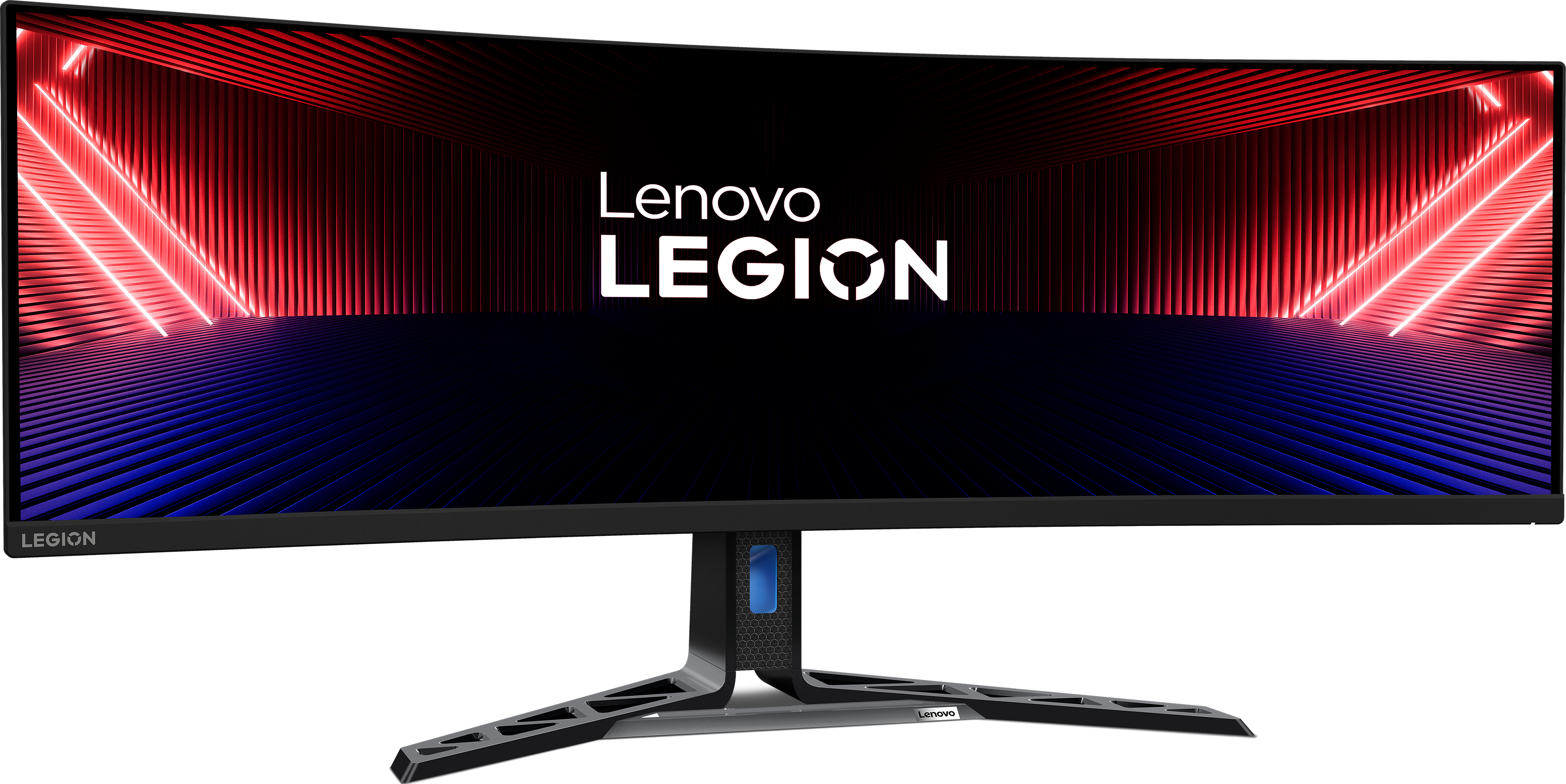 Moniteur de jeu incurvé Lenovo Legion avec fond rouge et bleu.