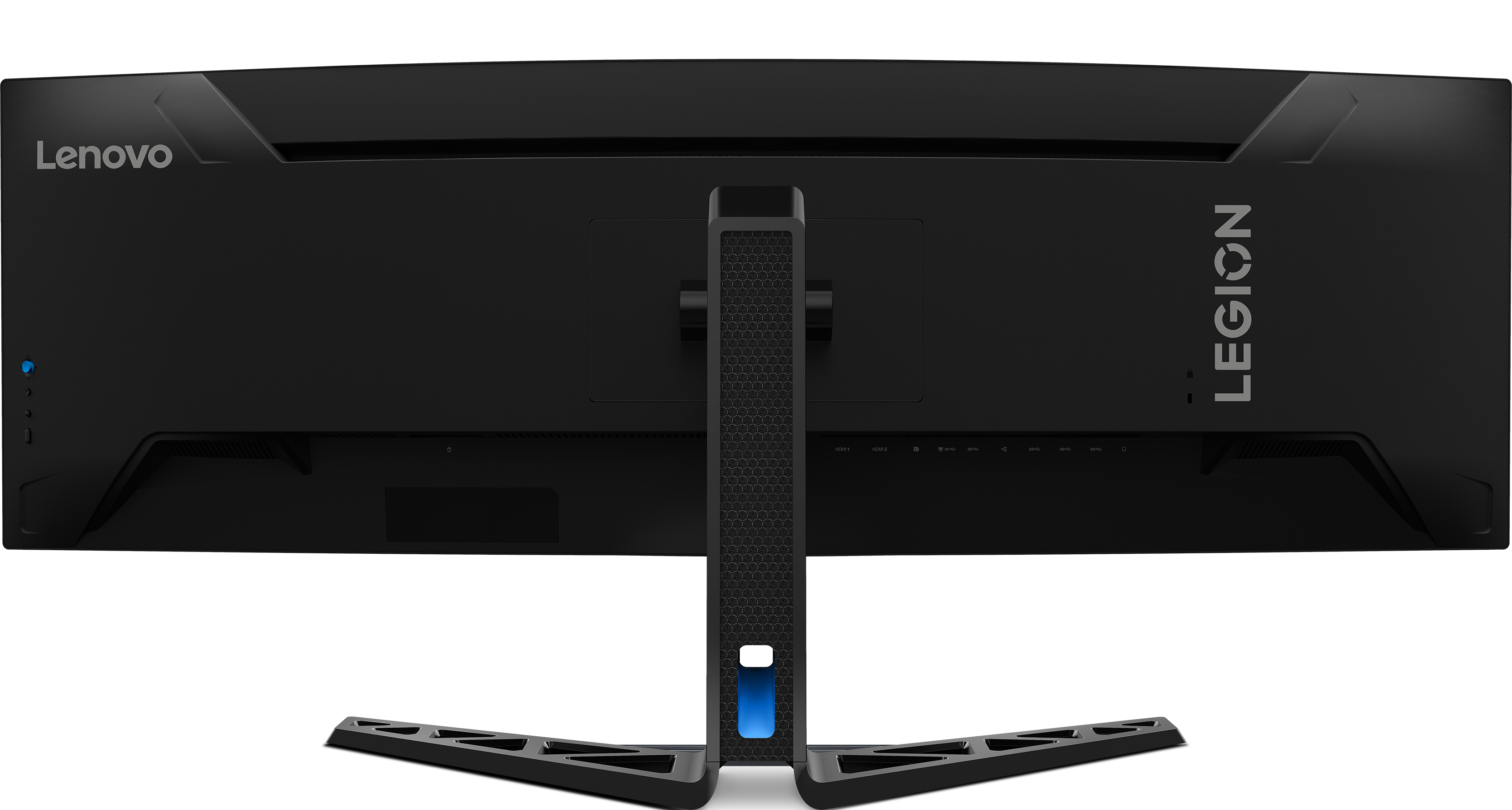 Moniteur Lenovo noir, modèle Legion. Vue arrière. Support et ports visibles. Logos Lenovo et Legion présents.