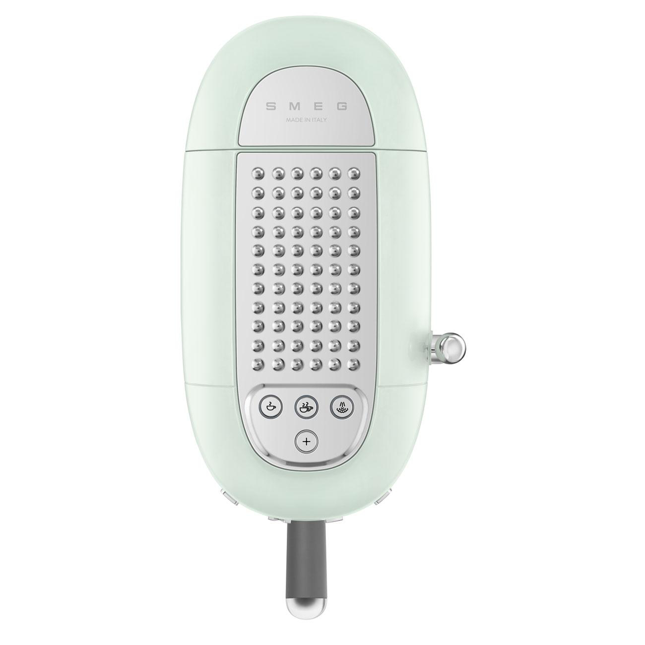Ein mintgrüner SMEG-Toaster. Er hat eine lange, ovale Form. Knöpfe und kleine Löcher sind sichtbar.