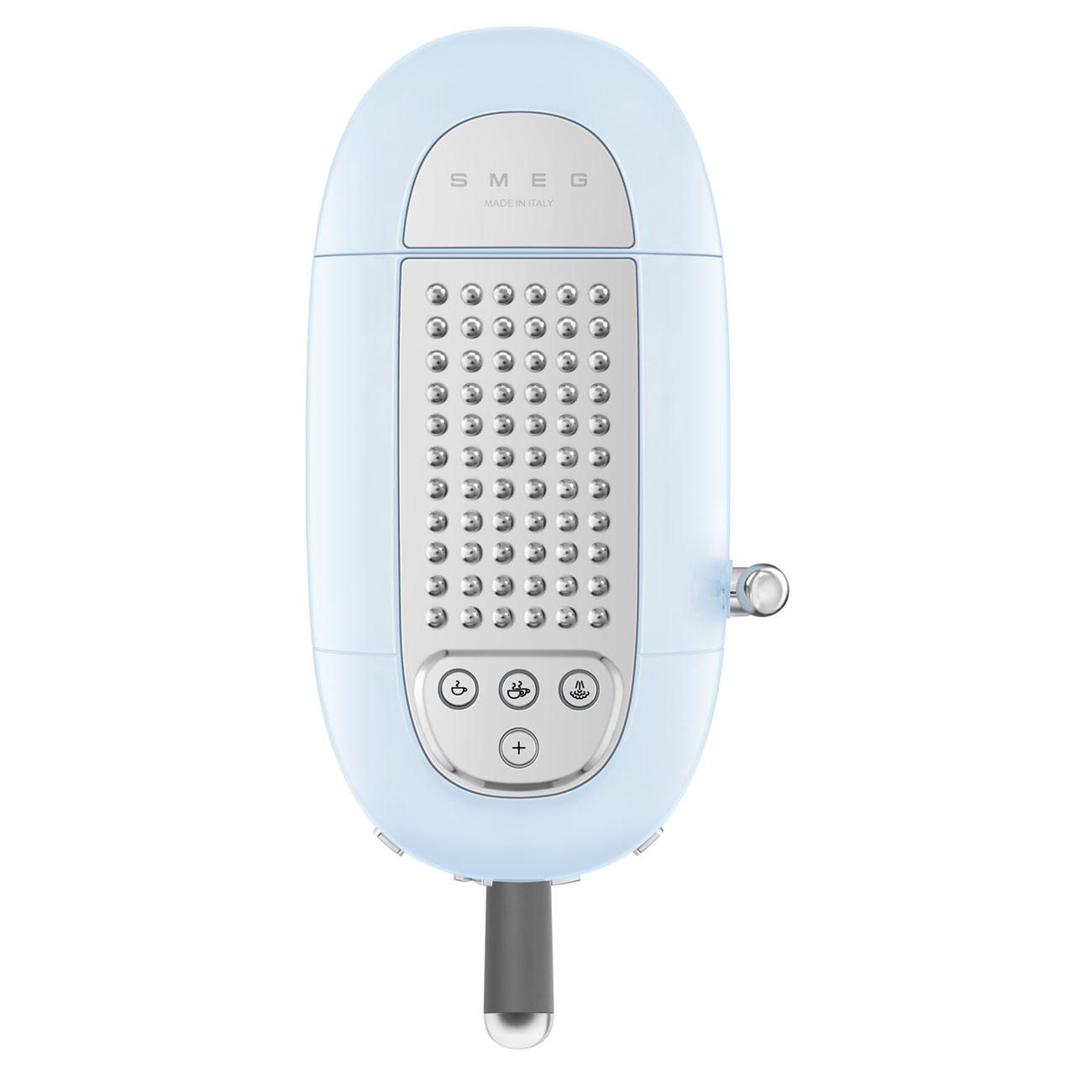 Hellblauer Smeg-Toaster mit mehreren silbernen Löchern und Knöpfen. Hergestellt in Italien.