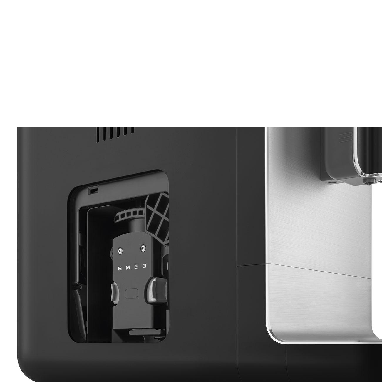 Schwarzes Gerät mit SMEG-Logo und sichtbaren Innenteilen. Silberne Verkleidung.