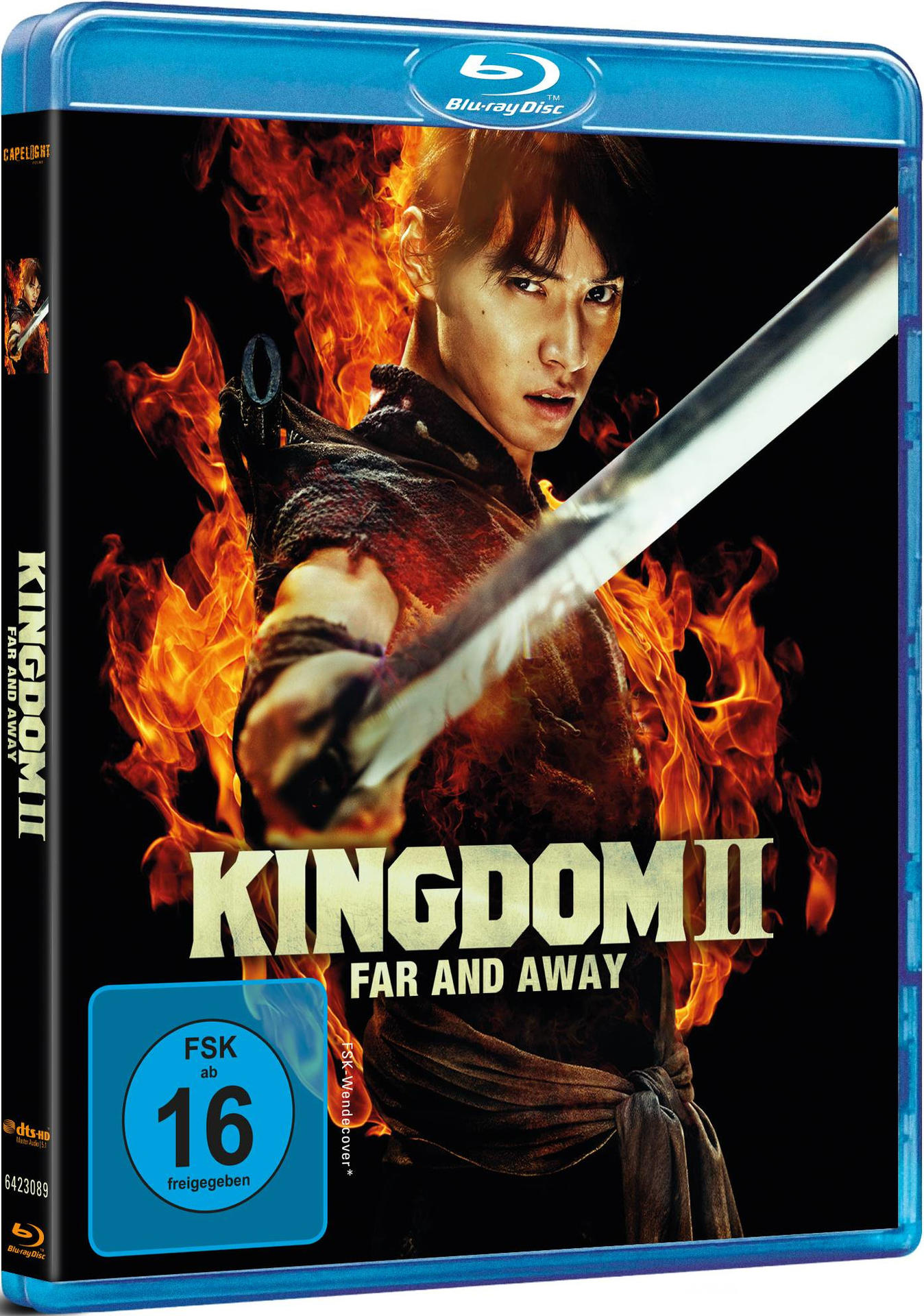 Eine Blu-ray-Hülle mit einem Filmcover, das einen Mann mit Schwert in feurigem Hintergrund zeigt.