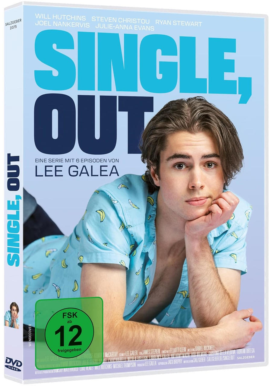 DVD-Hülle des Films SINGLE, OUT. Ein junger Mann ist auf dem Cover abgebildet, mit Text und Logo.