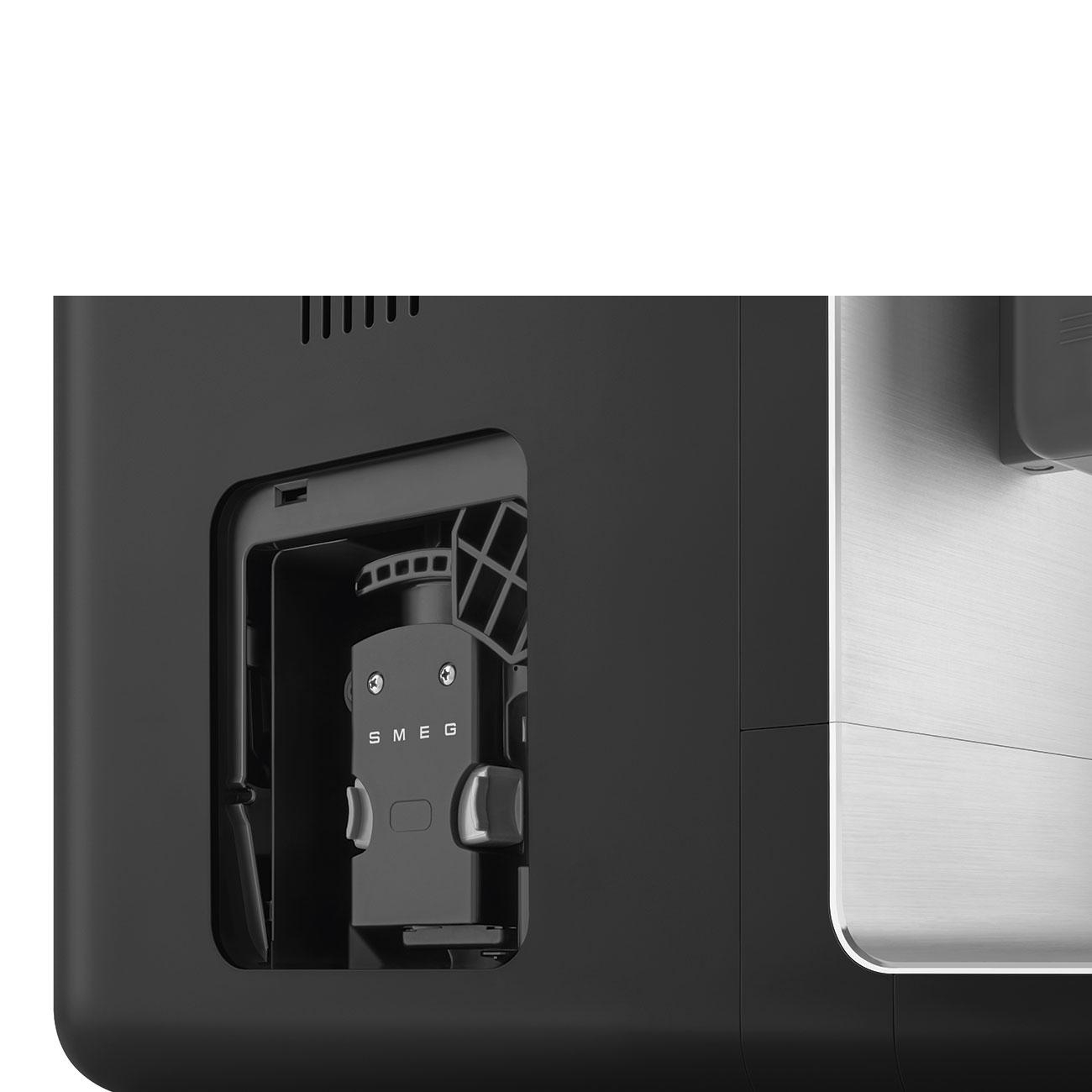 Nahaufnahme eines schwarzen SMEG-Kaffeemaschinenteils.