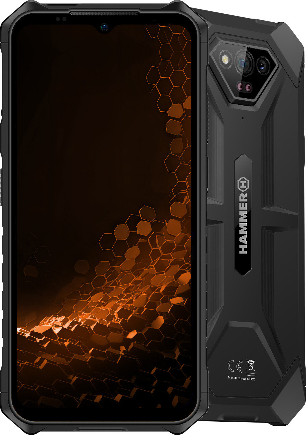 Czarny, wytrzymały smartfon z pomarańczowym, sześciokątnym wzorem. Wiele kamer.