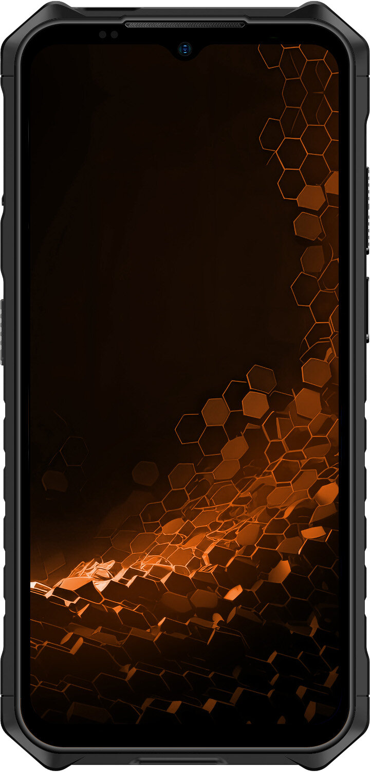 Czarny, wytrzymały smartfon z ekranem o wzorze heksagonalnym i czarną ramką.