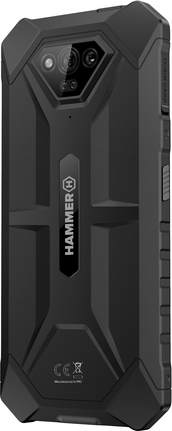 Czarny tył smartfona. Posiada obiektywy aparatu, logo Hammer i wytrzymałą konstrukcję.